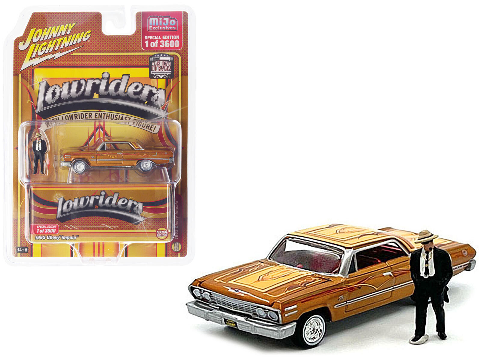 1963 Chevrolet Impala Lowrider Orange with Graphics and Diecast Figure Limited