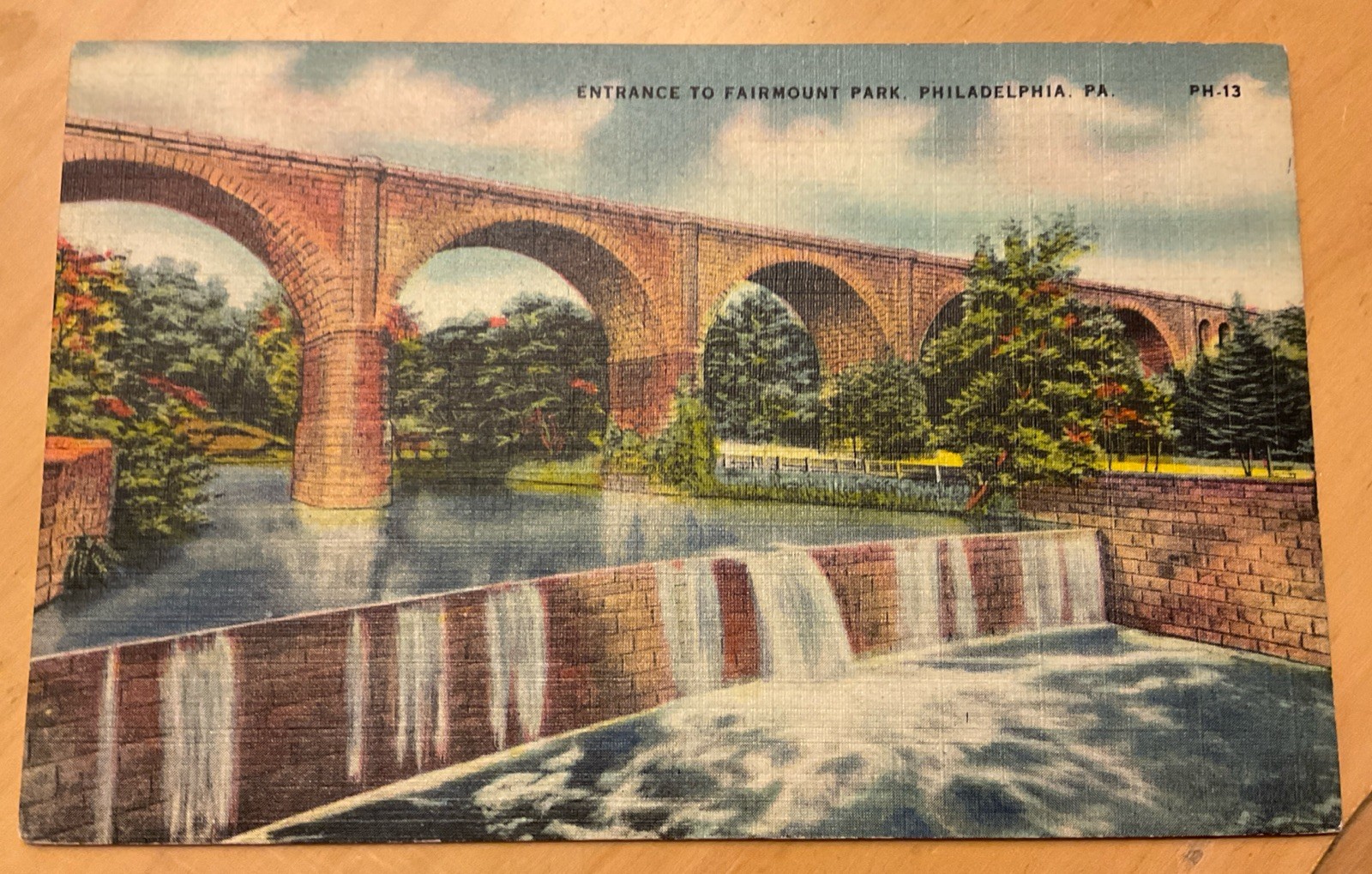 Postcard Entrance Fairmount Park Philadelphia PA Linen Bridge Waterfall Unposted
