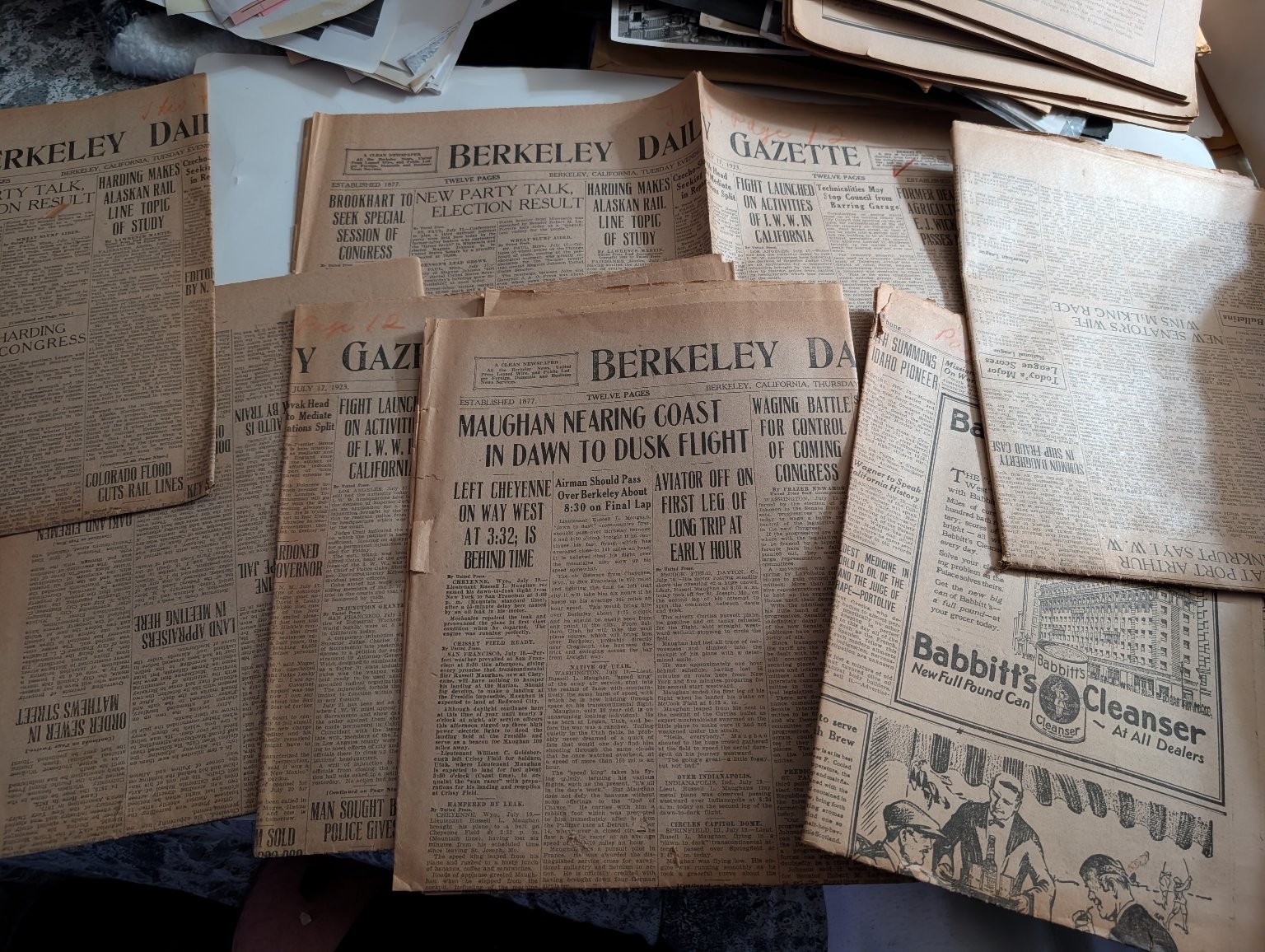 1923 Berkeley Daily Gazette Newspaper Maughan Transcontinental Flight Ephemera 1923 Berkeley Daily Gazette Newspaper Maughan Transcontinental Flight Ephemera