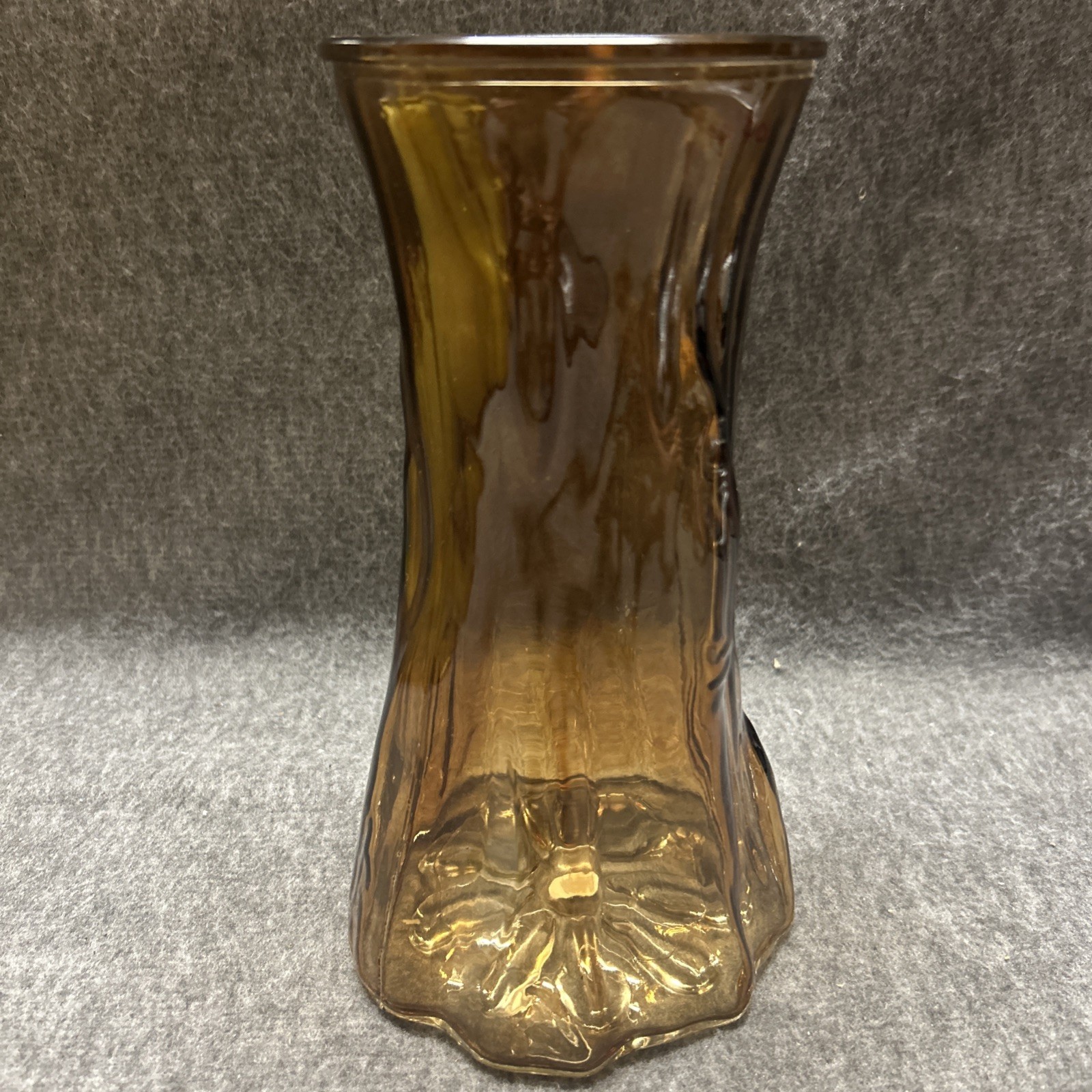 Vintage Amber Brown Glass Tree Trunk Wood Look Press Glass Flower Vase 9\