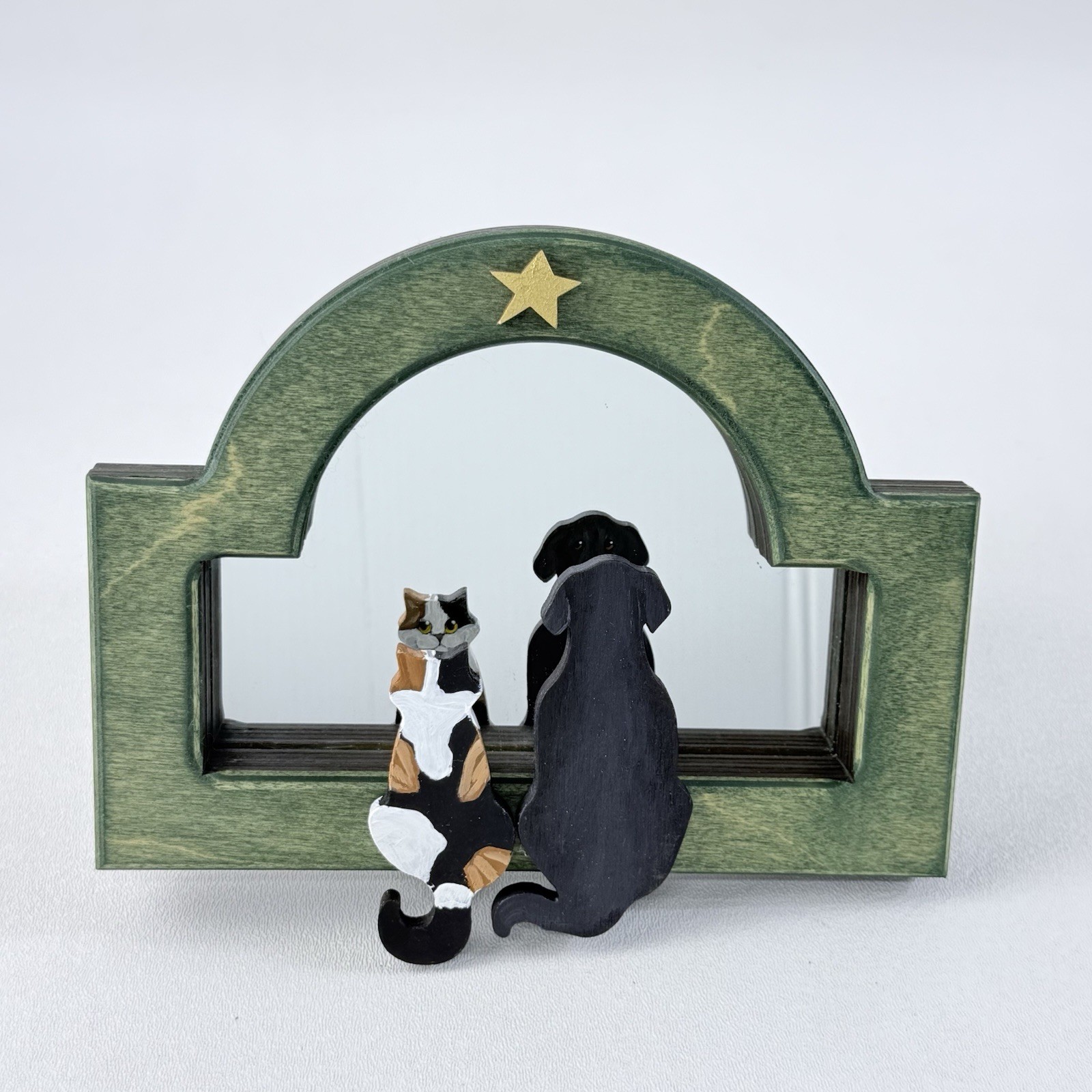 RARE Vintage 1996 Judy Rand Handcrafted Wall Art Mirror Cat Dog Reflections 7x8