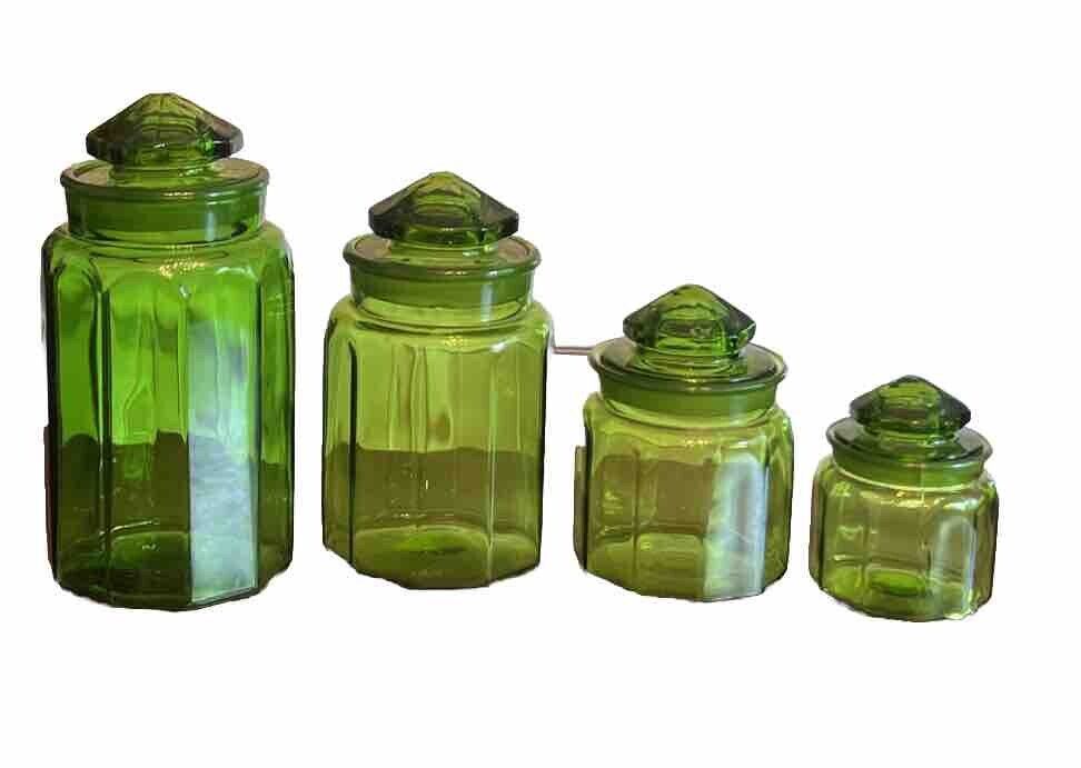 Three Vintage Emerald Paneled Glass Canister Apothecary Jars  + Bonus Jar