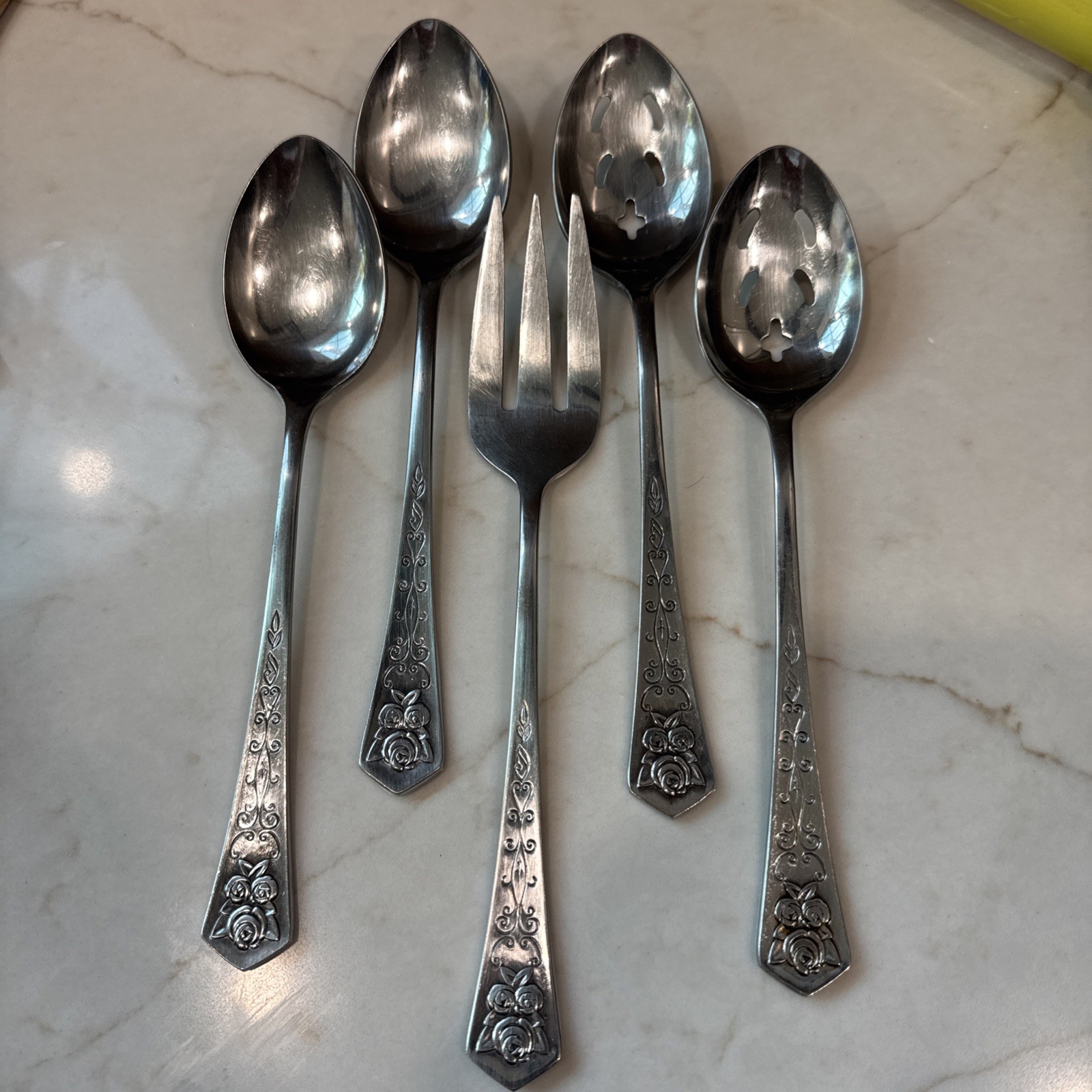Vtg Oxford Hall Queens Tapestry ROSES Stainless Serving Slotted Spoon Fork