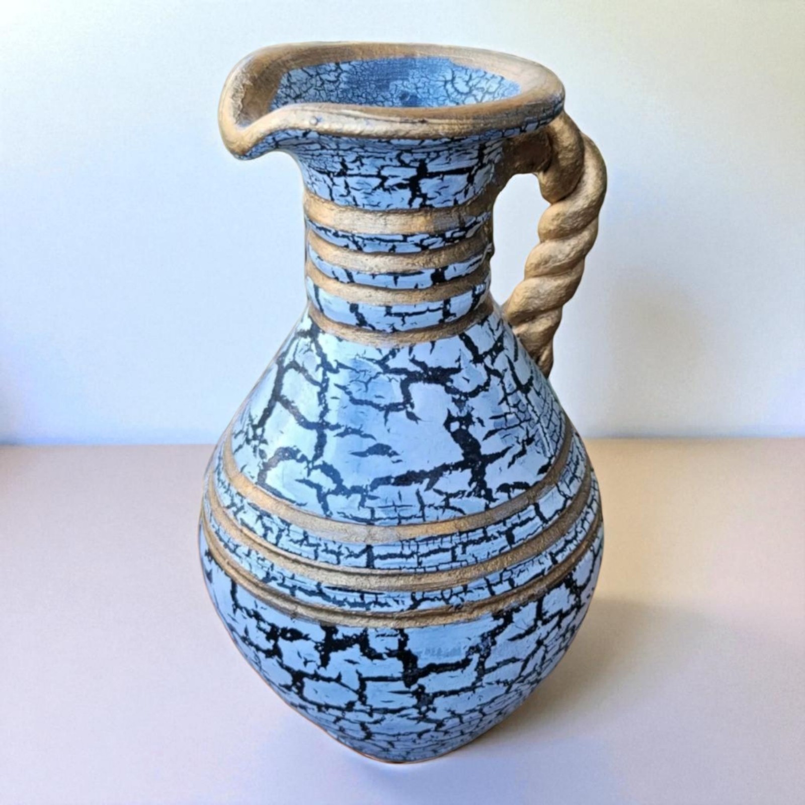 Vintage Raku Pottery Vase White Crackle Glaze Pitcher Folk Art Mexico 