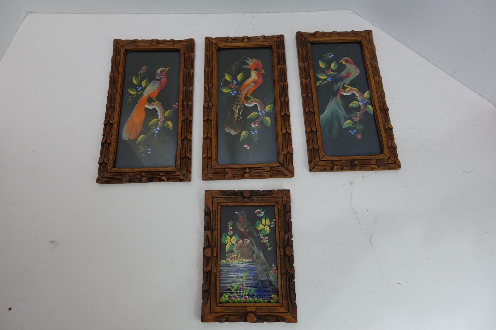 Vintage Mexican Feathercraft Bird Art Pair Carved Wood Frames Folk Art