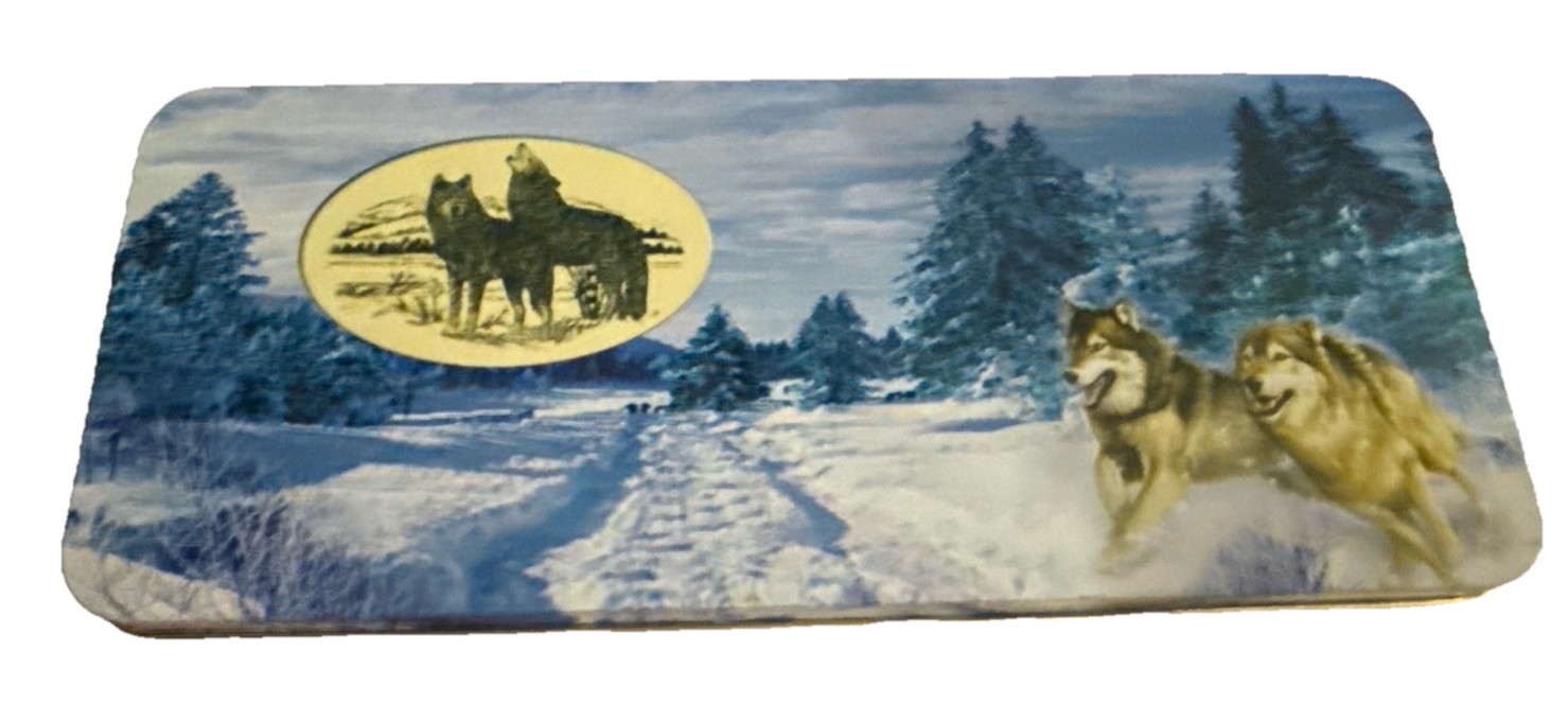 Vintage Wolf/Sled Dog Theme Collectible Knife + Matching Belt Buckle Set In Tin