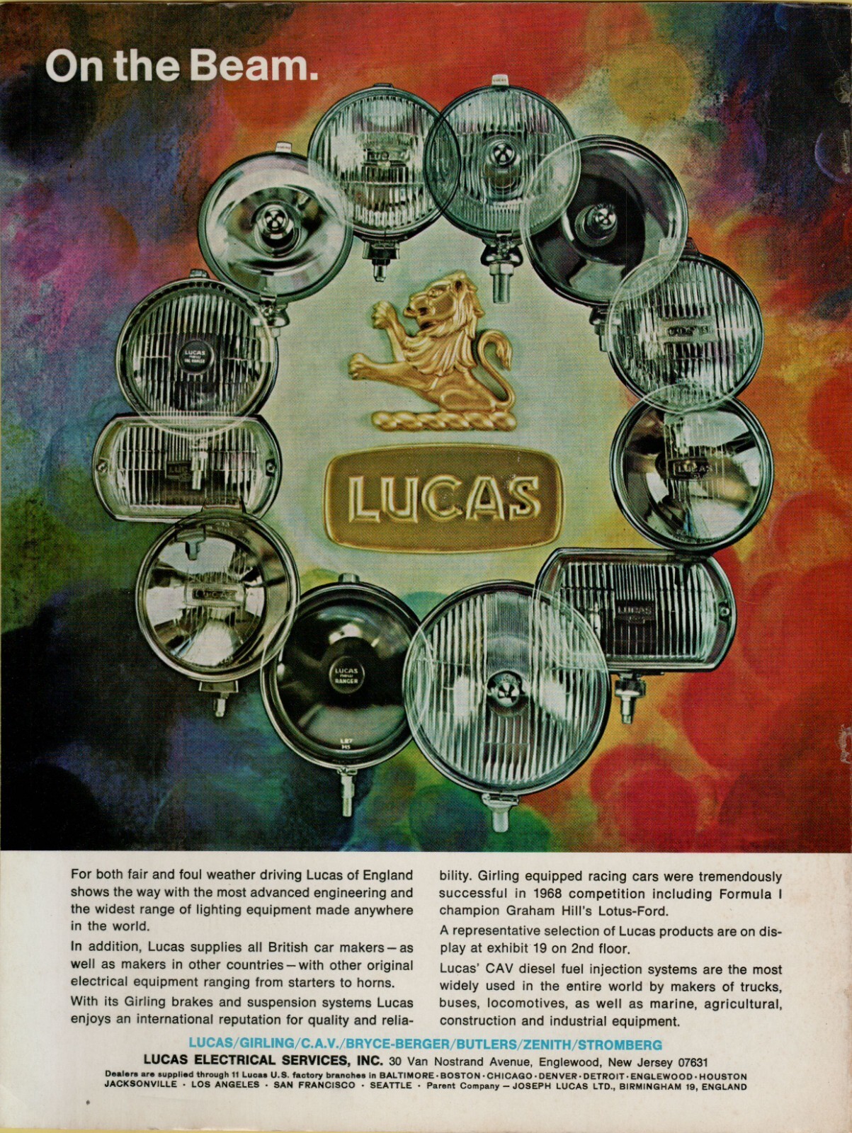 1969 Lucas of England Electrical Services British Car Headlight Vintage Print Ad