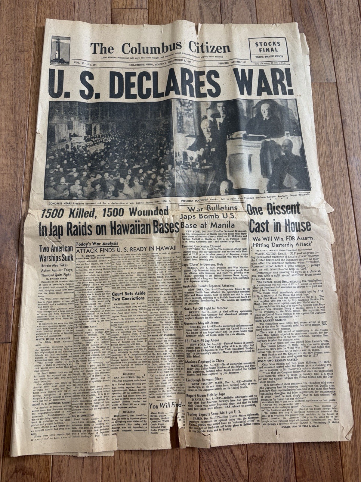 Columbus Citizen Newspaper OH WWII 6-Sheet Front Page History 1941-1945 Original