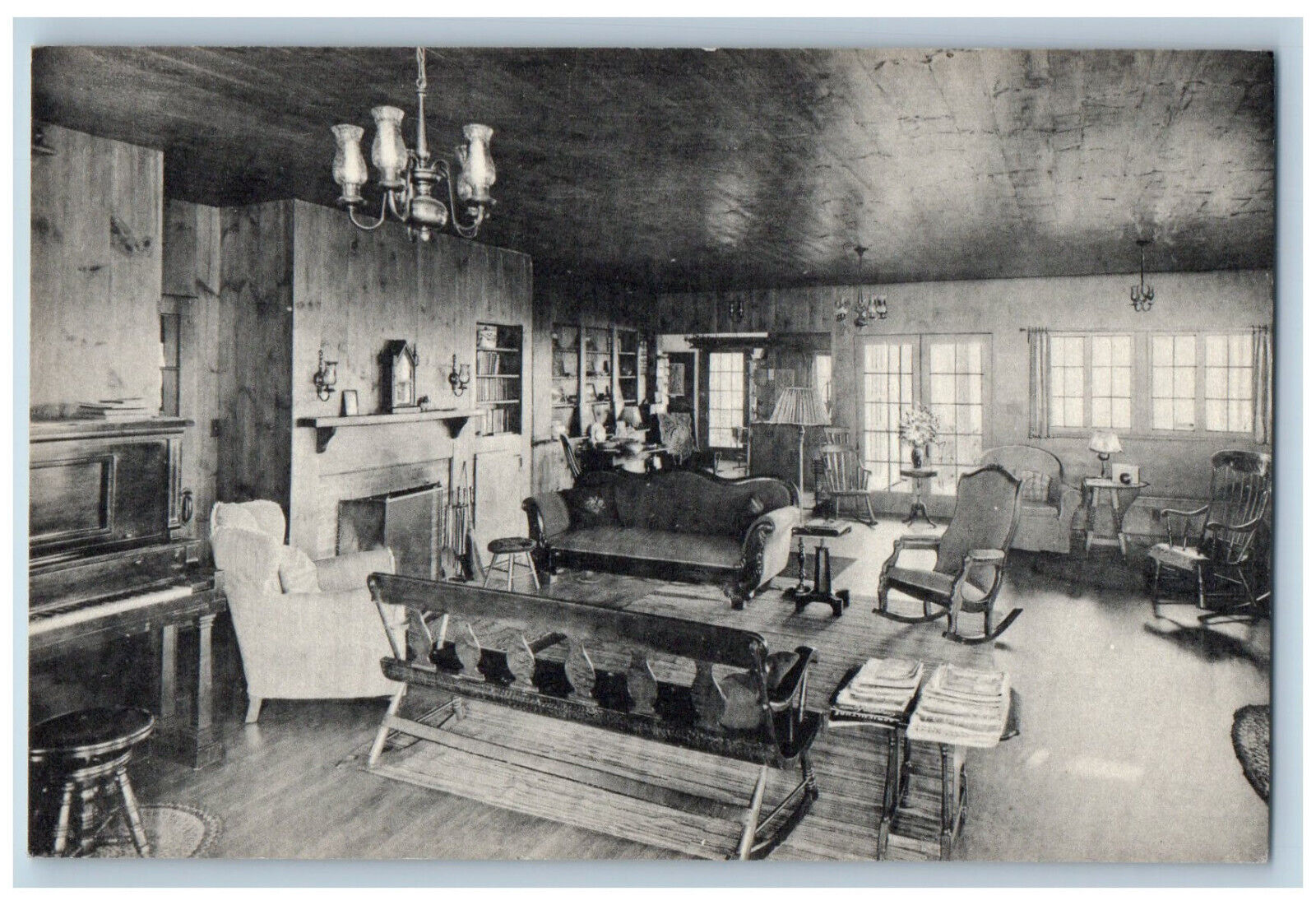c1950's Piano Interior Lobby at Twist O'Hill Lodge Williston VT Postcard