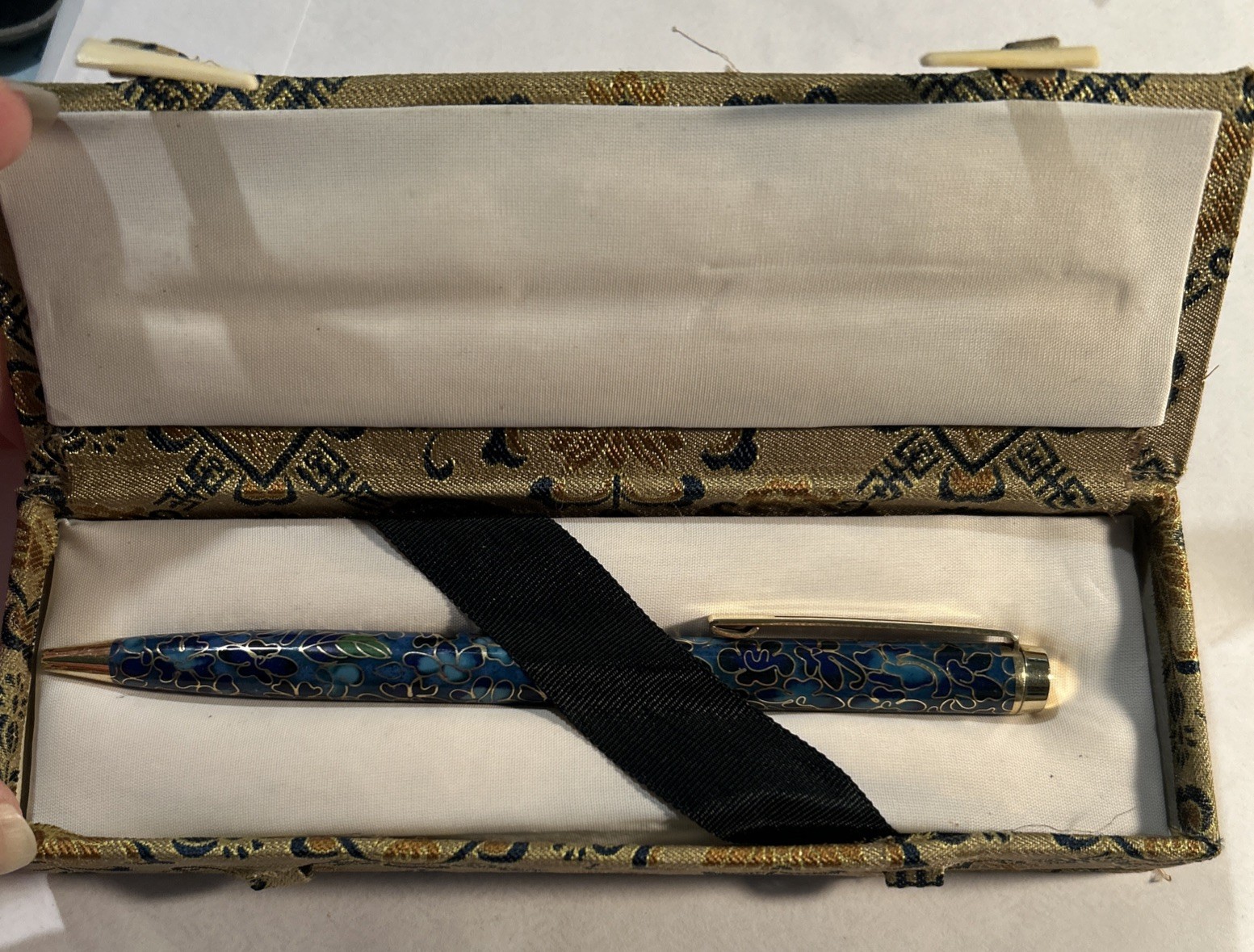 Vintage Chinese Cloisonné Pen In Original Silk Brocade Presentation Box