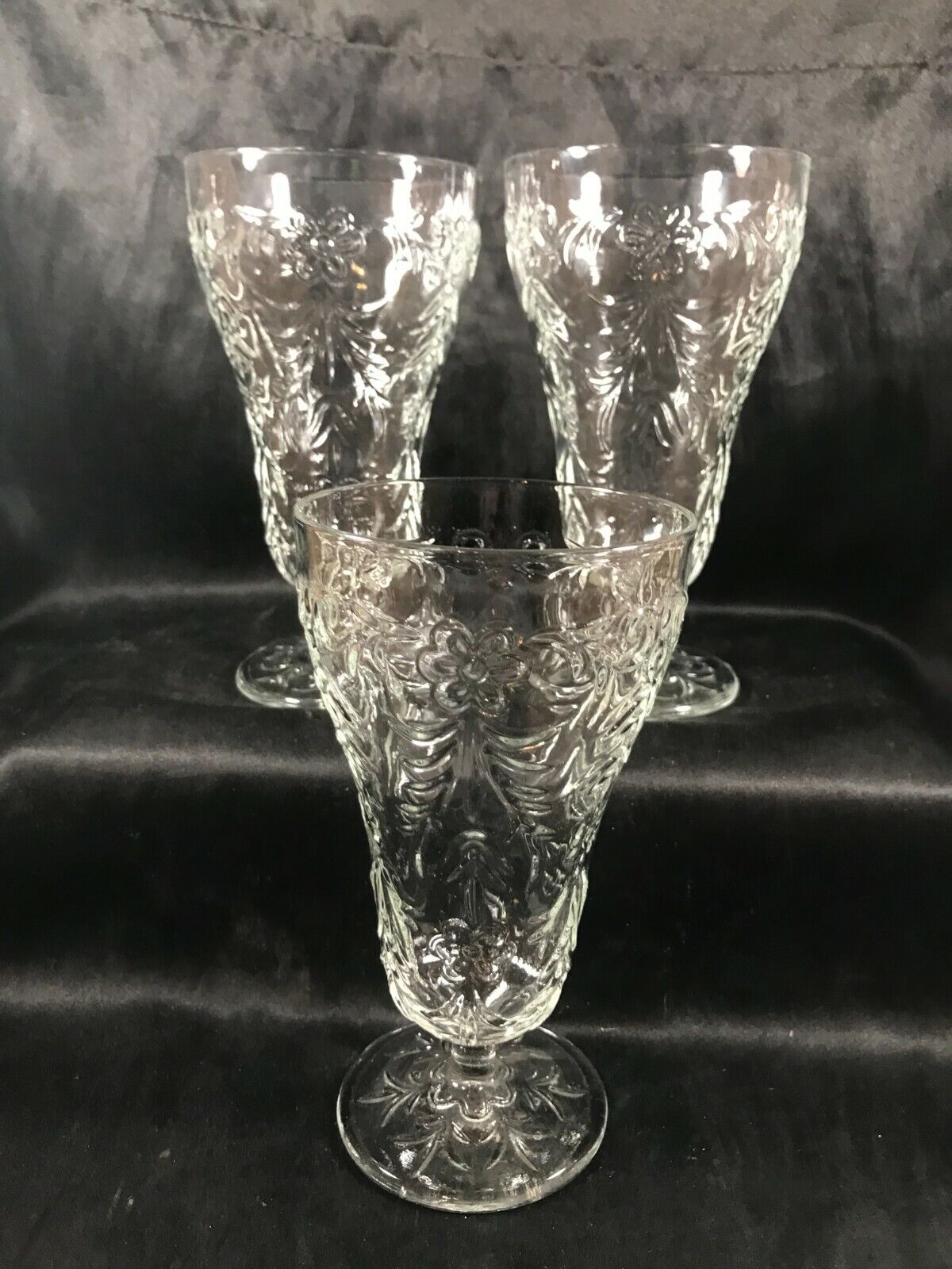 Set of 3 Vintage Clear Pressed Glass Pedestal Goblets Embossed Floral