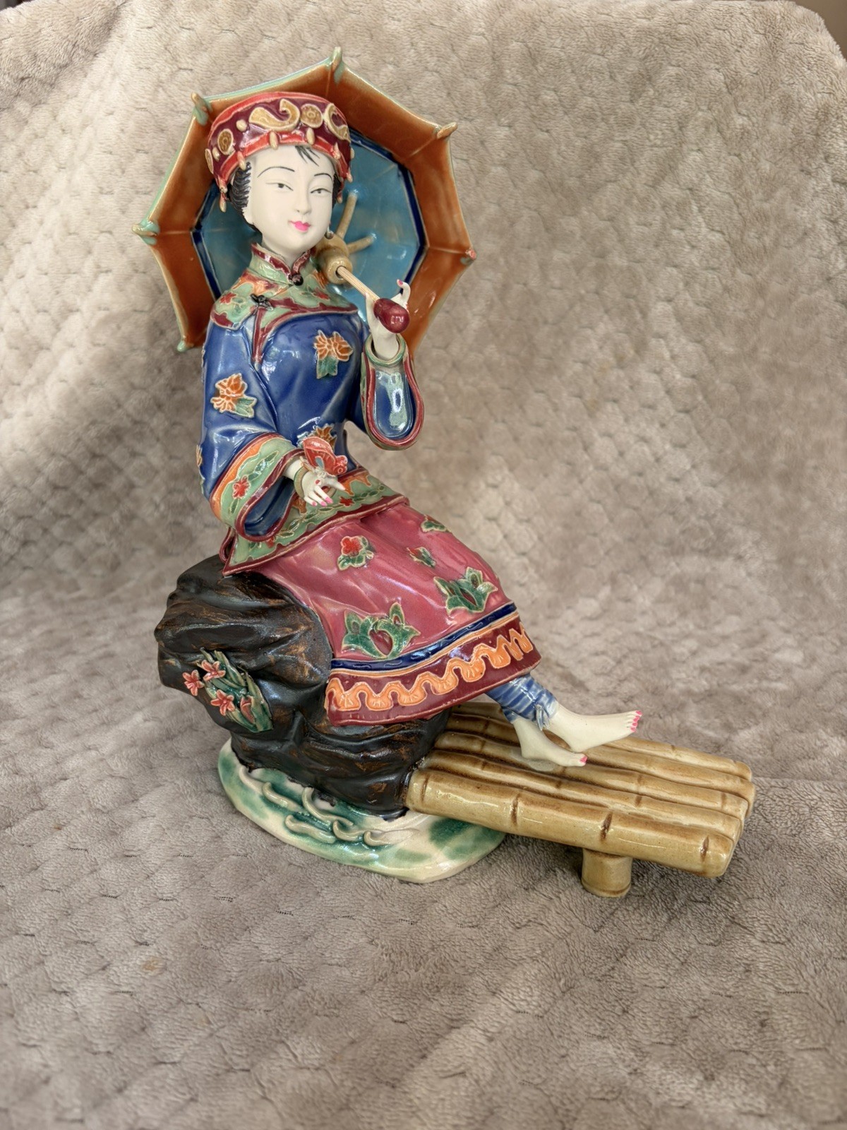 Vintage Chinese Shiwan Ware Ceramic Figurine of Lady with Umbrella Bamboo Raft