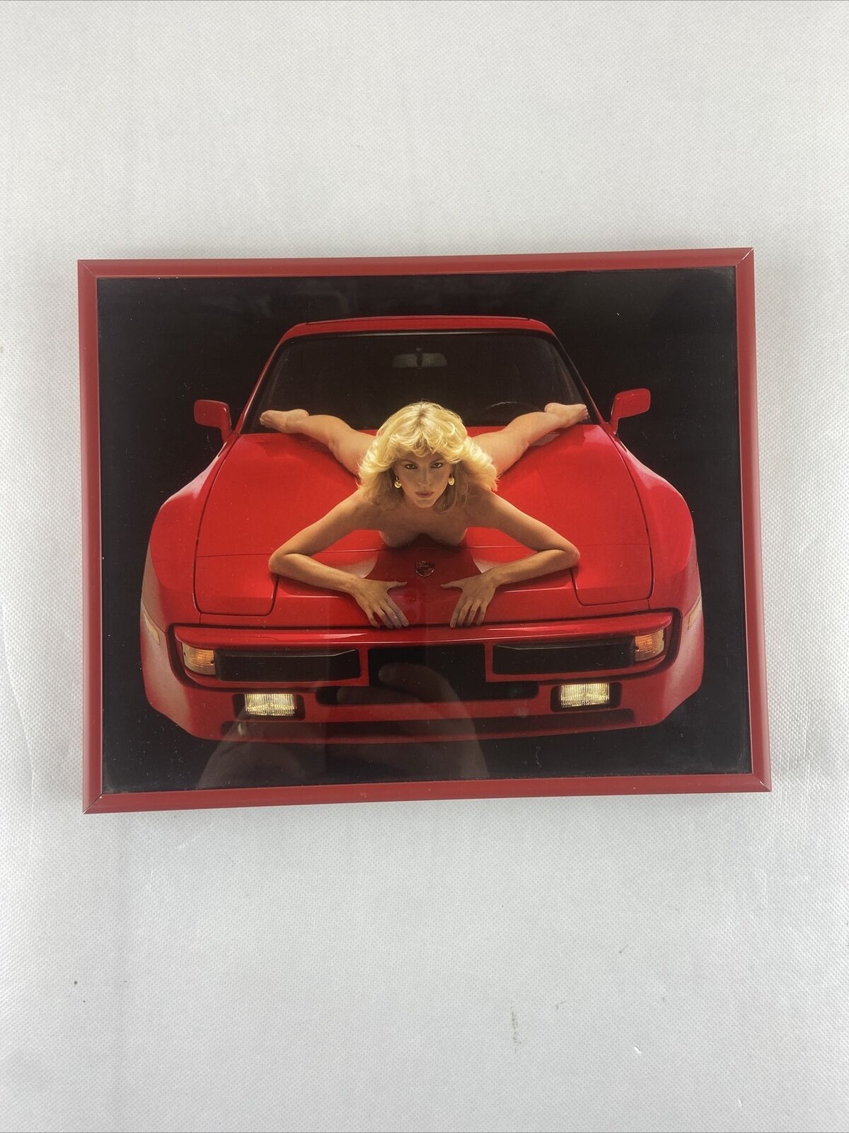 1980s Iconic 8x10 Red Porsche 944 Turbo Photo Blonde Woman Model On Hood Framed