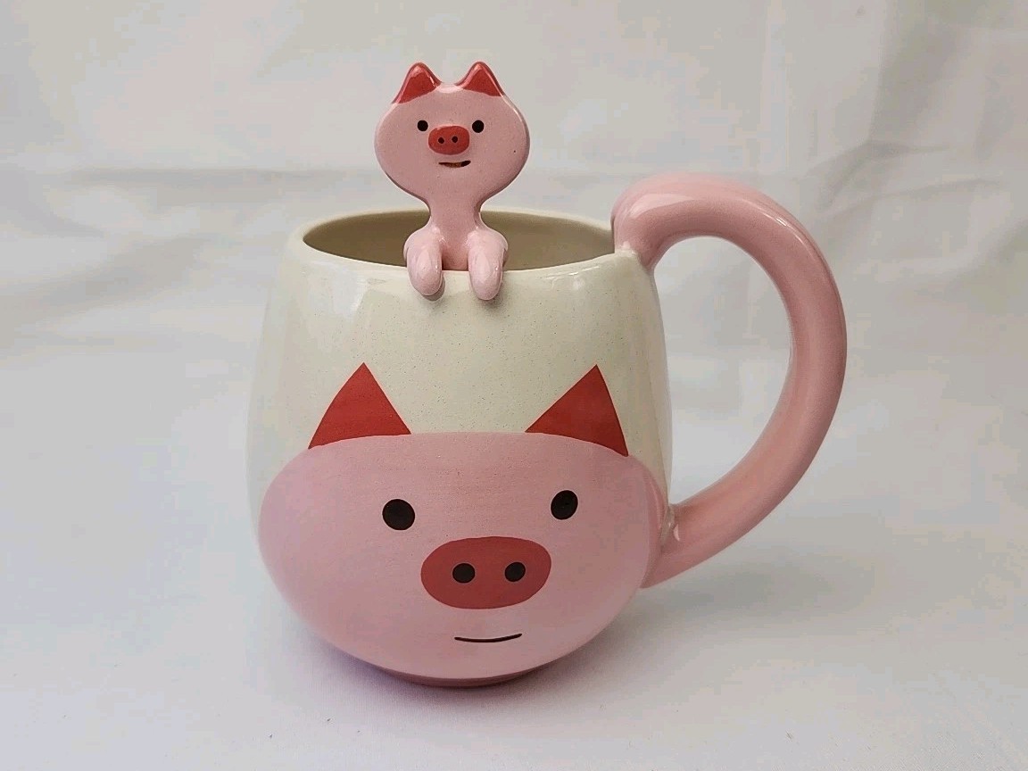 Concombre PIG Face Mug Cup & Spoon Set 2 pc White & Pink Coffee Tea Hot Cocoa