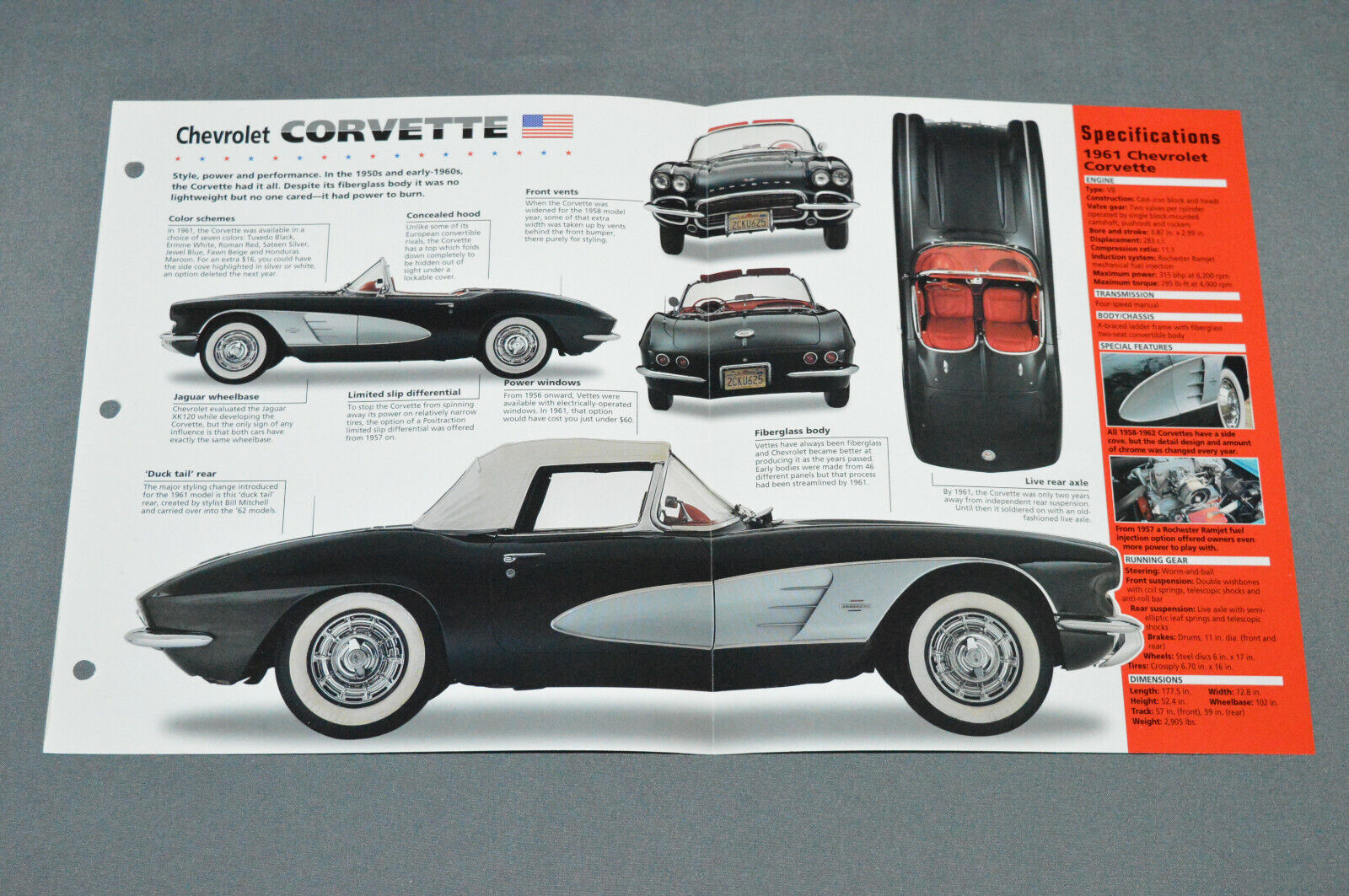1956-1962 CHEVROLET CORVETTE (1961) Car SPEC SHEET BOOKLET PHOTO BROCHURE
