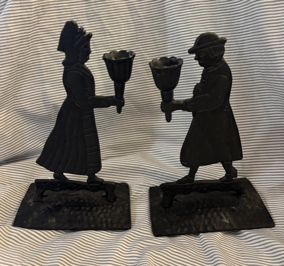 Pair Of Antique Cast Iron Quaker Colonial Candle Holders 9” Tall
