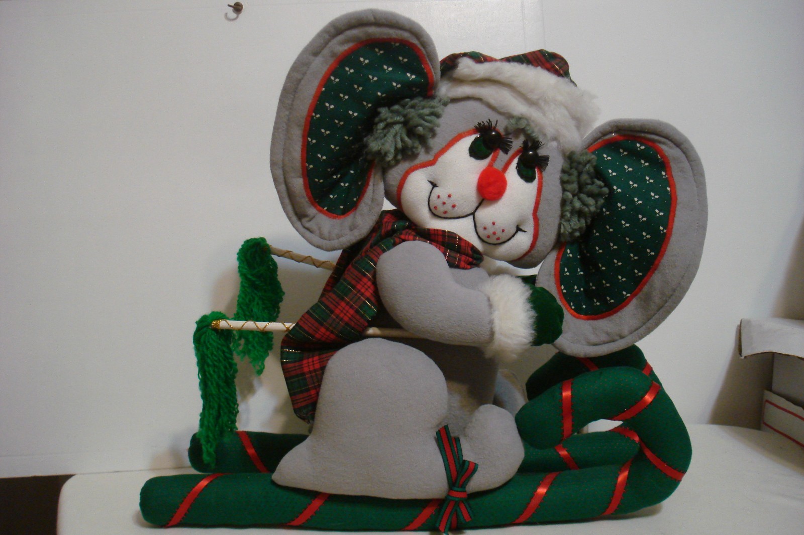Vintage Handmade Christmas Mouse Plush on Skis Retro Holiday Decoration