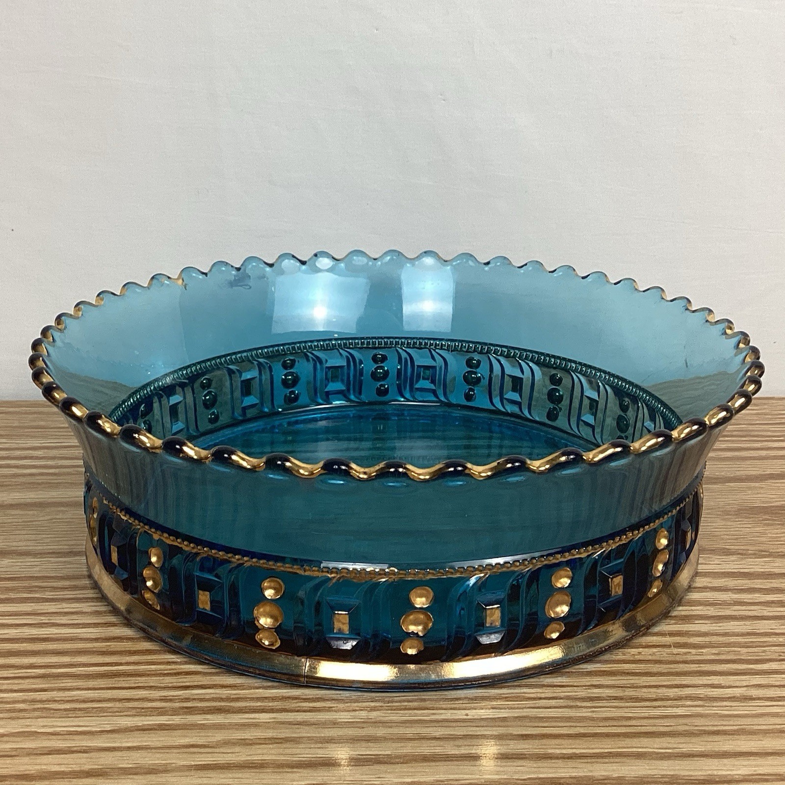 Vtg Bohemian Blue Bowl With 24K Gold Highlights 8.5” Diameter Bowl