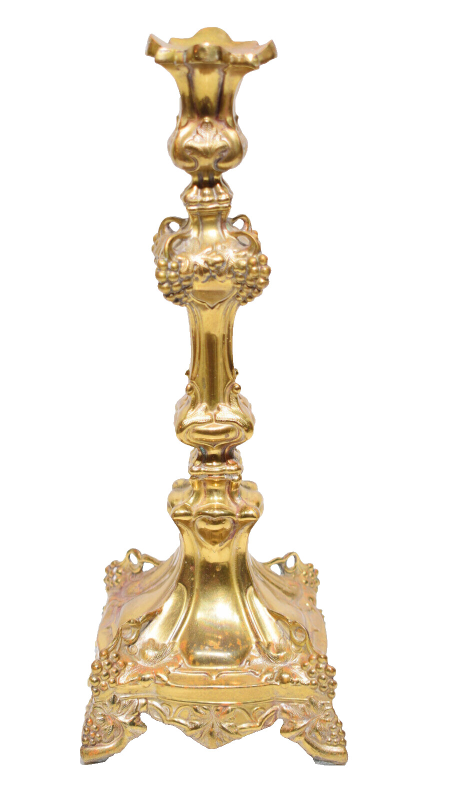 Antique Grape Pattern Brass Plated Jewish Sabbath Candlestick Poland Signed WNF