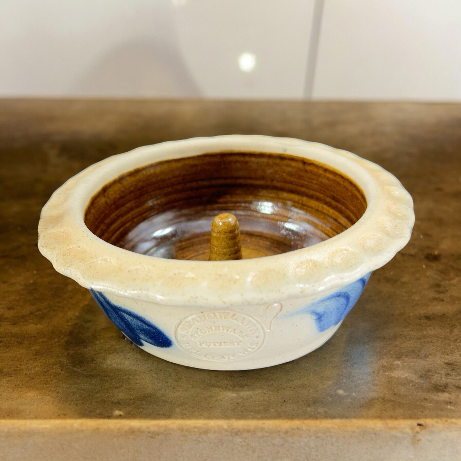 Vintage Shadowlawn Pottery Juice Reamer Apple Holder Dish Salt Glazed Gray Blue