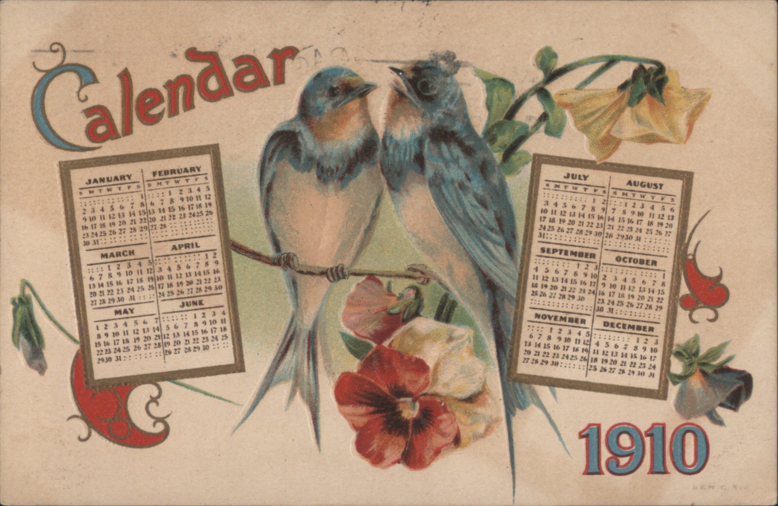 1910 Calendar with Two Blue Birds Flowers 1909 Chicago, IL Antique Postcard