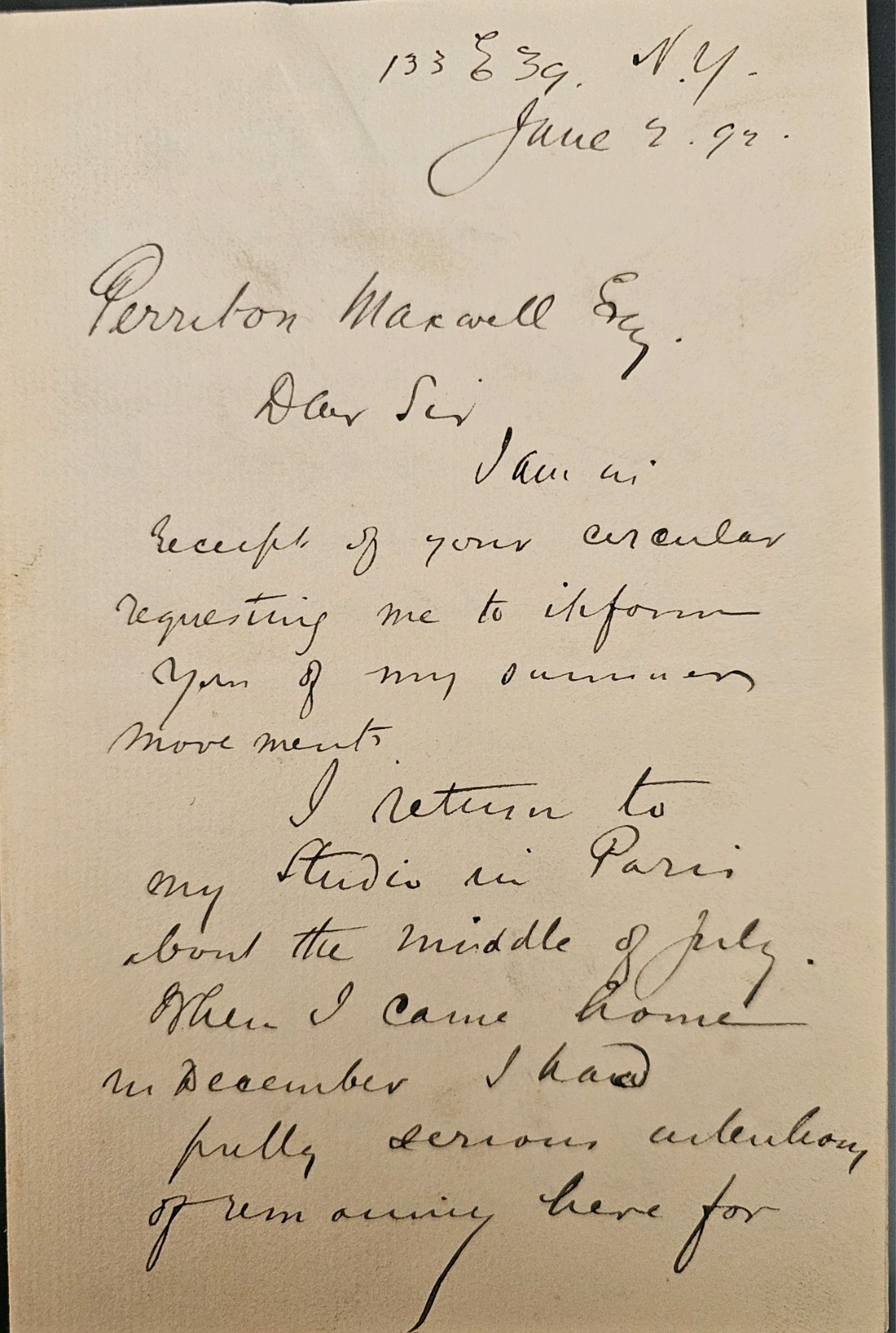 1892 HW ALS Artist Albert E. Sterner to Noted NY Art Critic Perriton Maxwell