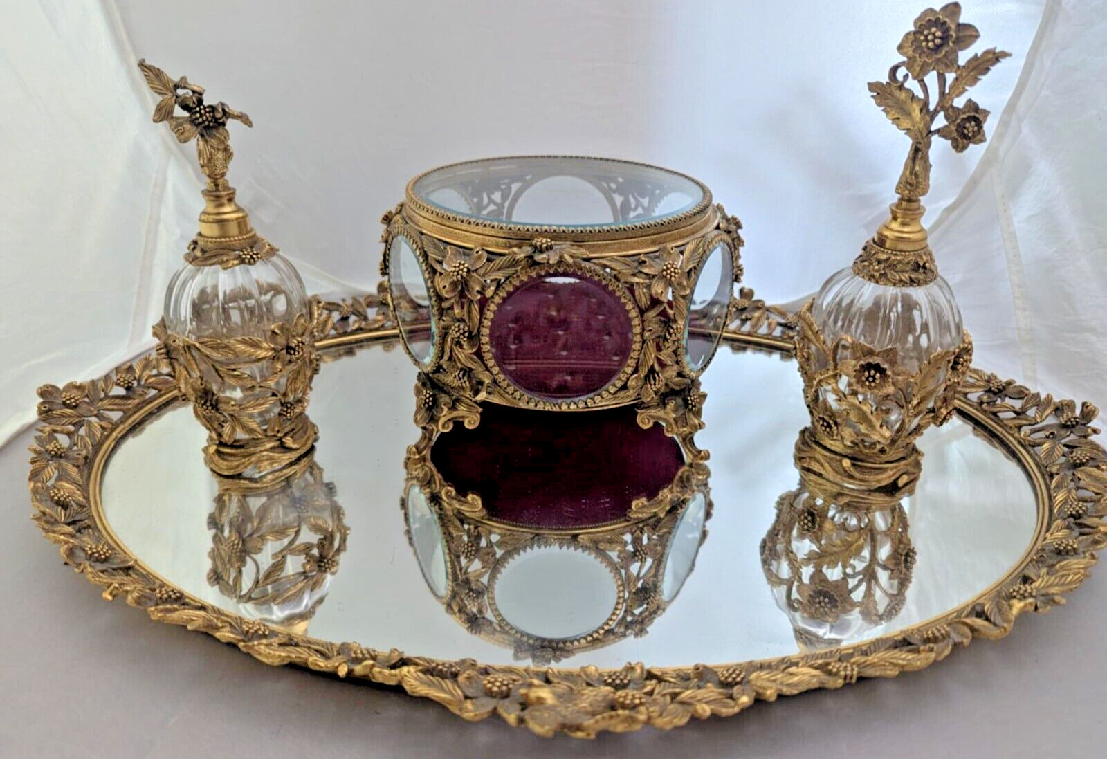 Rare-Vtg Matson Ormolu Gold Flower Dogwood Bird Vanity W Mirror Tray– 4pc- READ