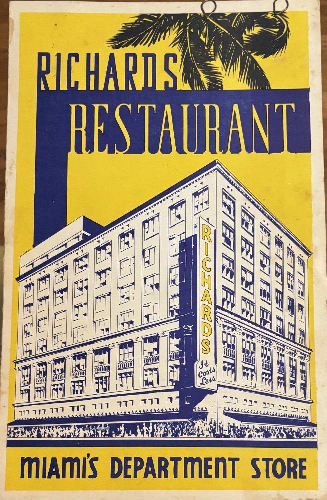 Vintage 1941 Miami Florida Richard’s Department Store Restaurant Menu