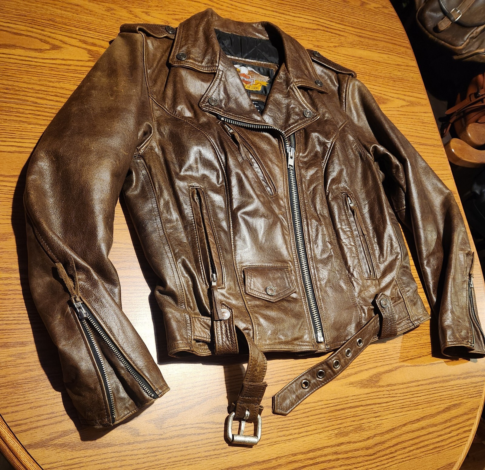 Schott Perfecto Style Harley Davidson Woman\'s Brown Leather Jacket USA SzL EUC. Schott Perfecto Style Harley Davidson Woman\'s Brown Leather Jacket USA SzL EUC.