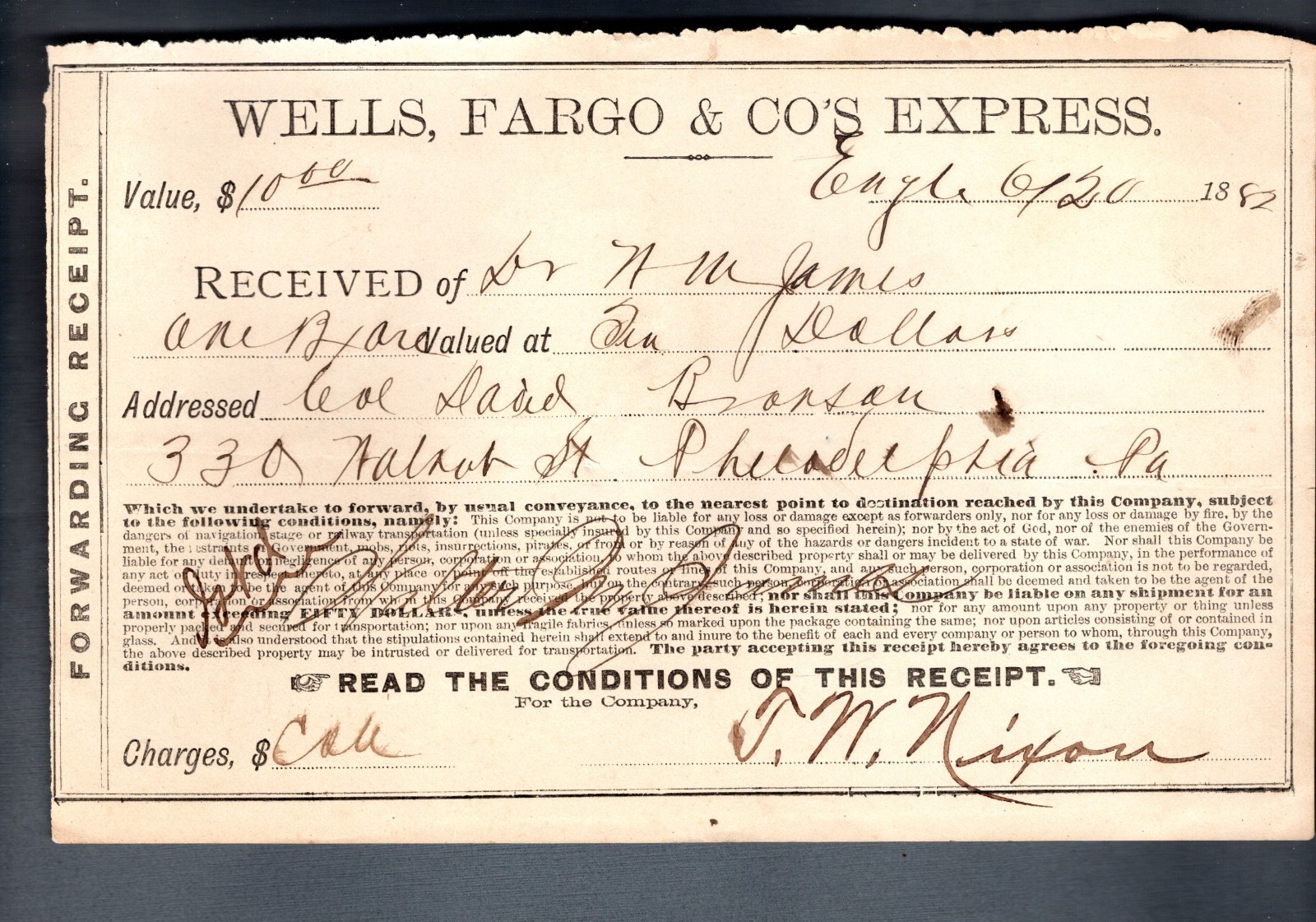 1882 Wells Fargo & Co's Express Receipt