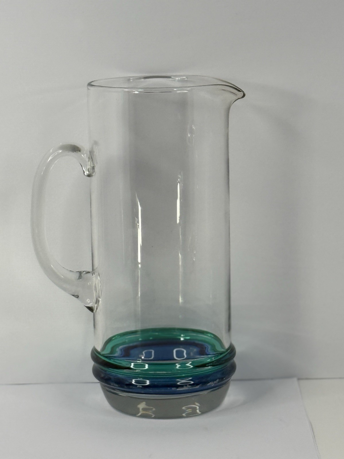Vintage Art Glass Pitcher 10” Clear Glass Blue Green Cased Base Modernist
