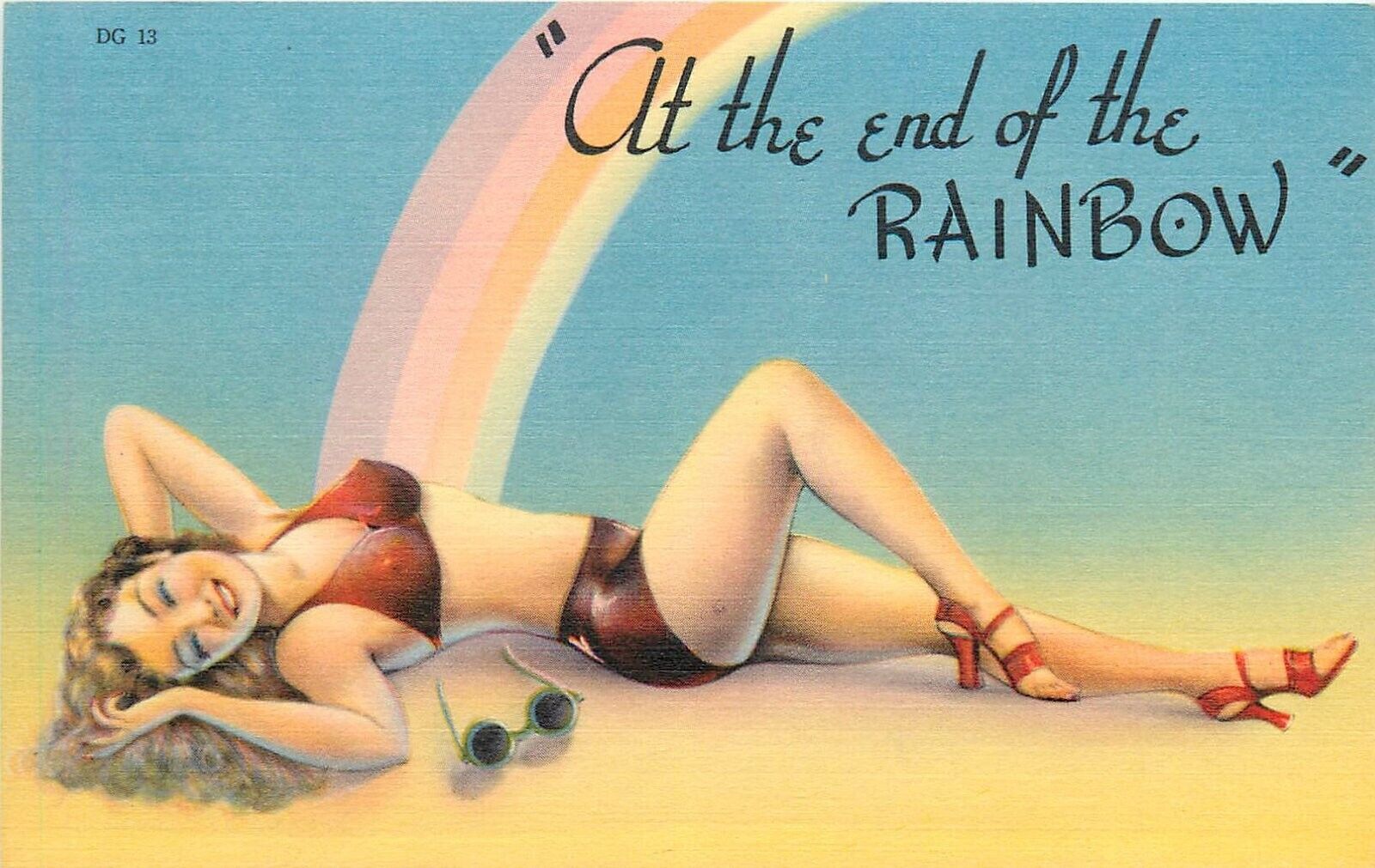 Postcard 1940s Sexy Woman bikini end of the rainbow high heels glasses TP24-1088