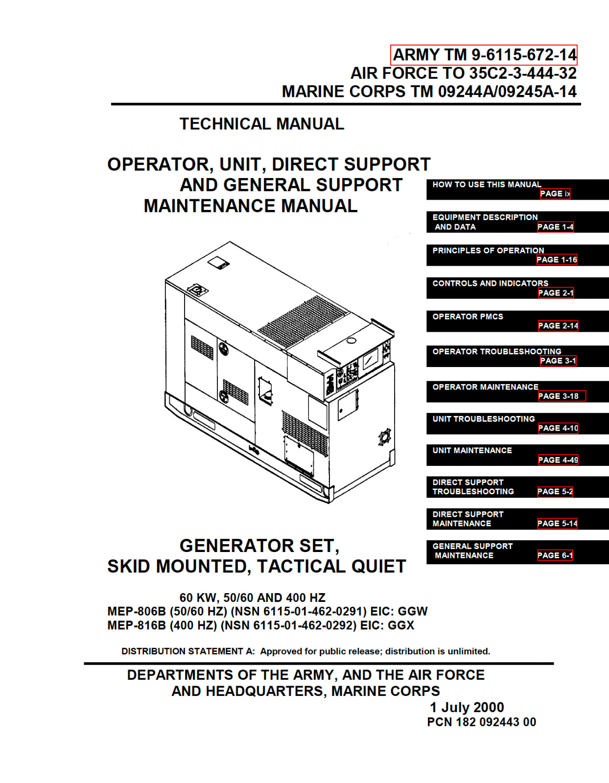 505 Page 60 KW GENERATOR SET MEP-806B 816B Operator Repair Manual on Data CD