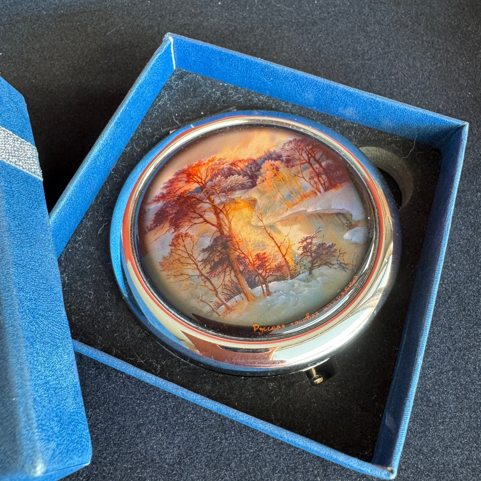 Vintage Russian Fedoskino Lacquer Painted Double Mirror Compact 3\