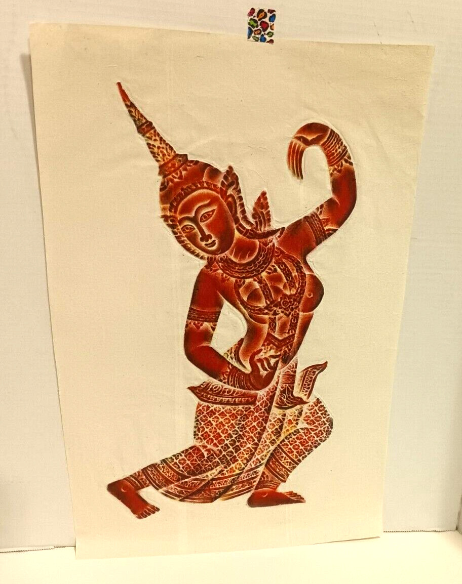 Vintage Thai Stone Temple Rubbing Red Embossed Rice Paper Dancer Print Siamese