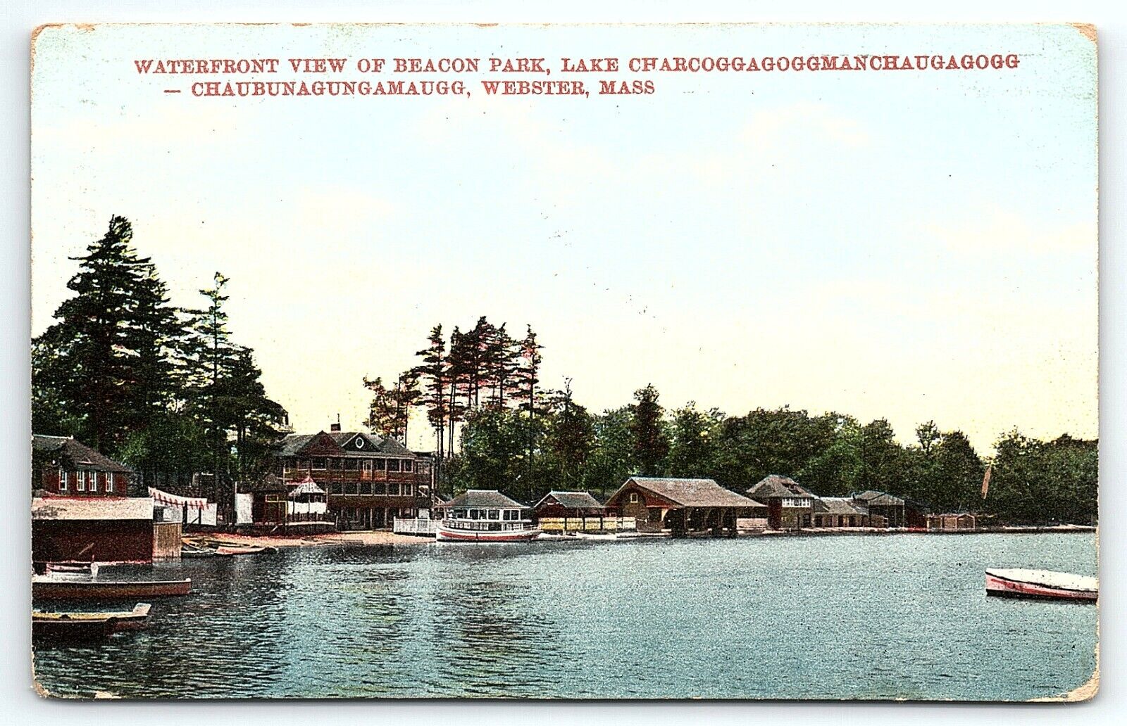 1909 WEBSTER MA BEACON PARK LAKE CHARCOGGAGOGGMANCHAUGAGOGG POSTCARD P3421