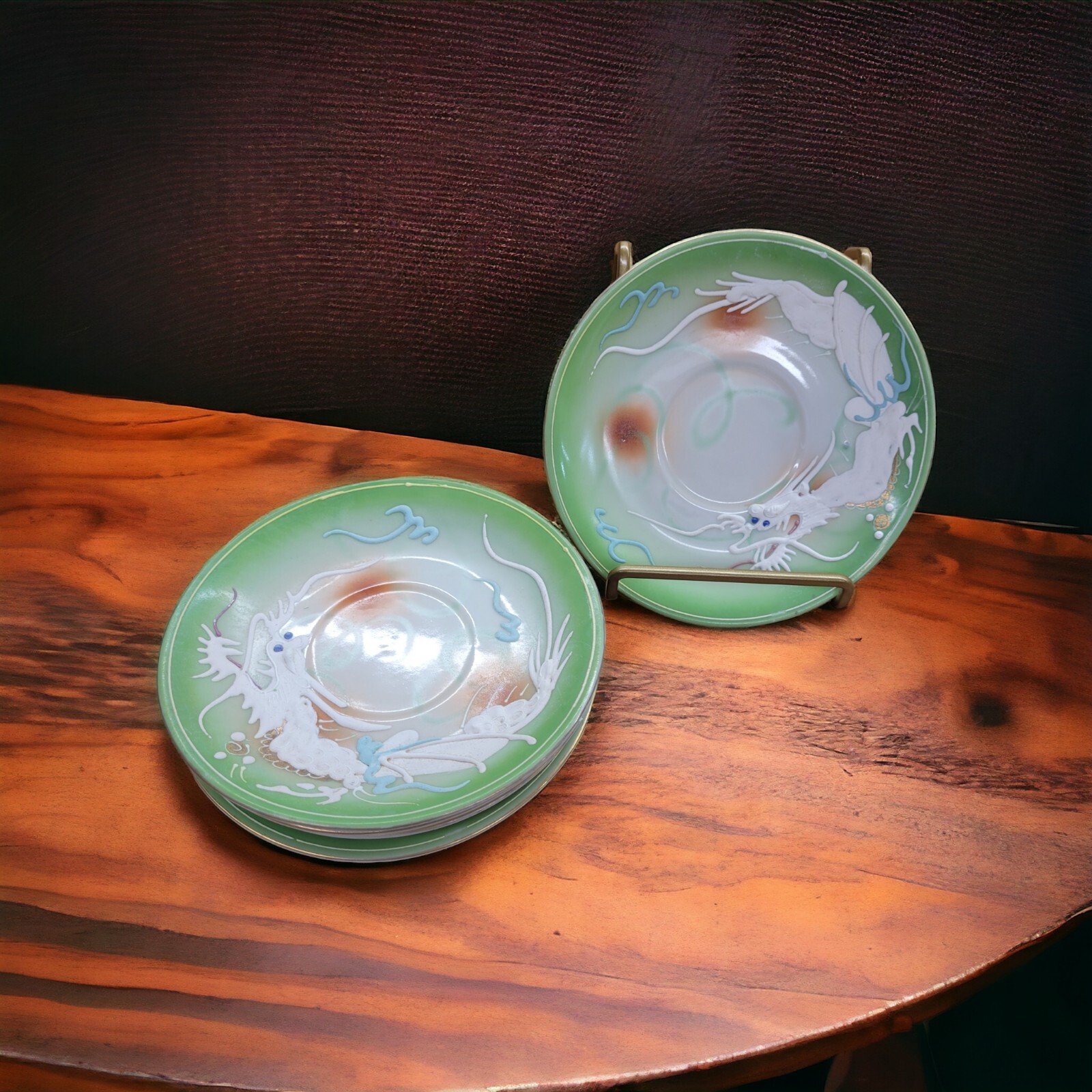 Vintage Moriage Dragonware MCM Japanese Set of 6 Saucers Green White Orange