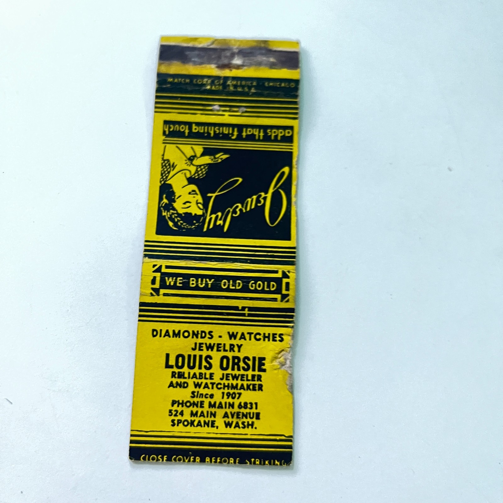 Louis Orsie Jeweler Since 1907 Spokane WA Vintage Matchbook Cover 4MB110-4