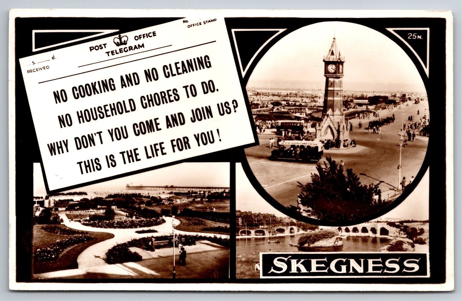 RPPC Skegness Multi View Welcome Post Office Telegram UK Foreign Postcard M27