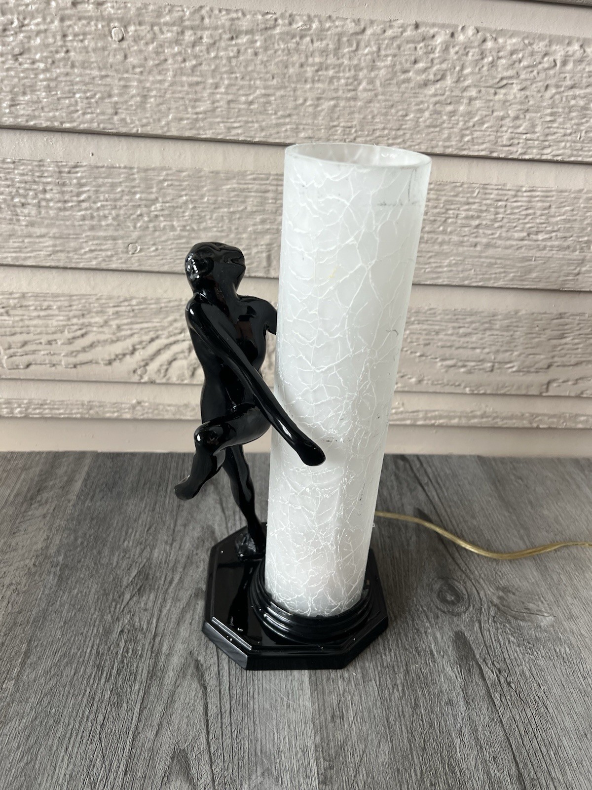 Vtg 1980s Art Deco Gloss Black Nude Woman Figure Glass Lamp