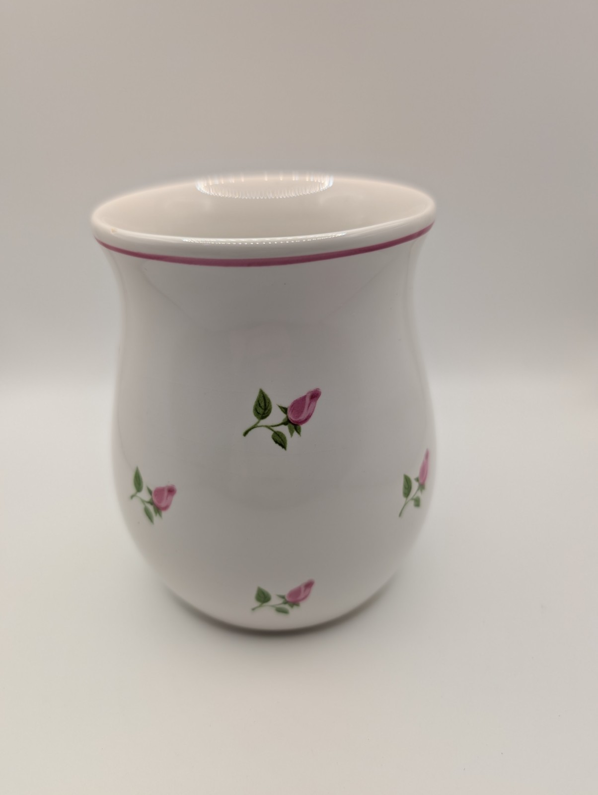 Vtg Portugal  Teleflora Gift Floral Vase, Rose Pattern w/ Pink Rim Vase, 4 3/8”