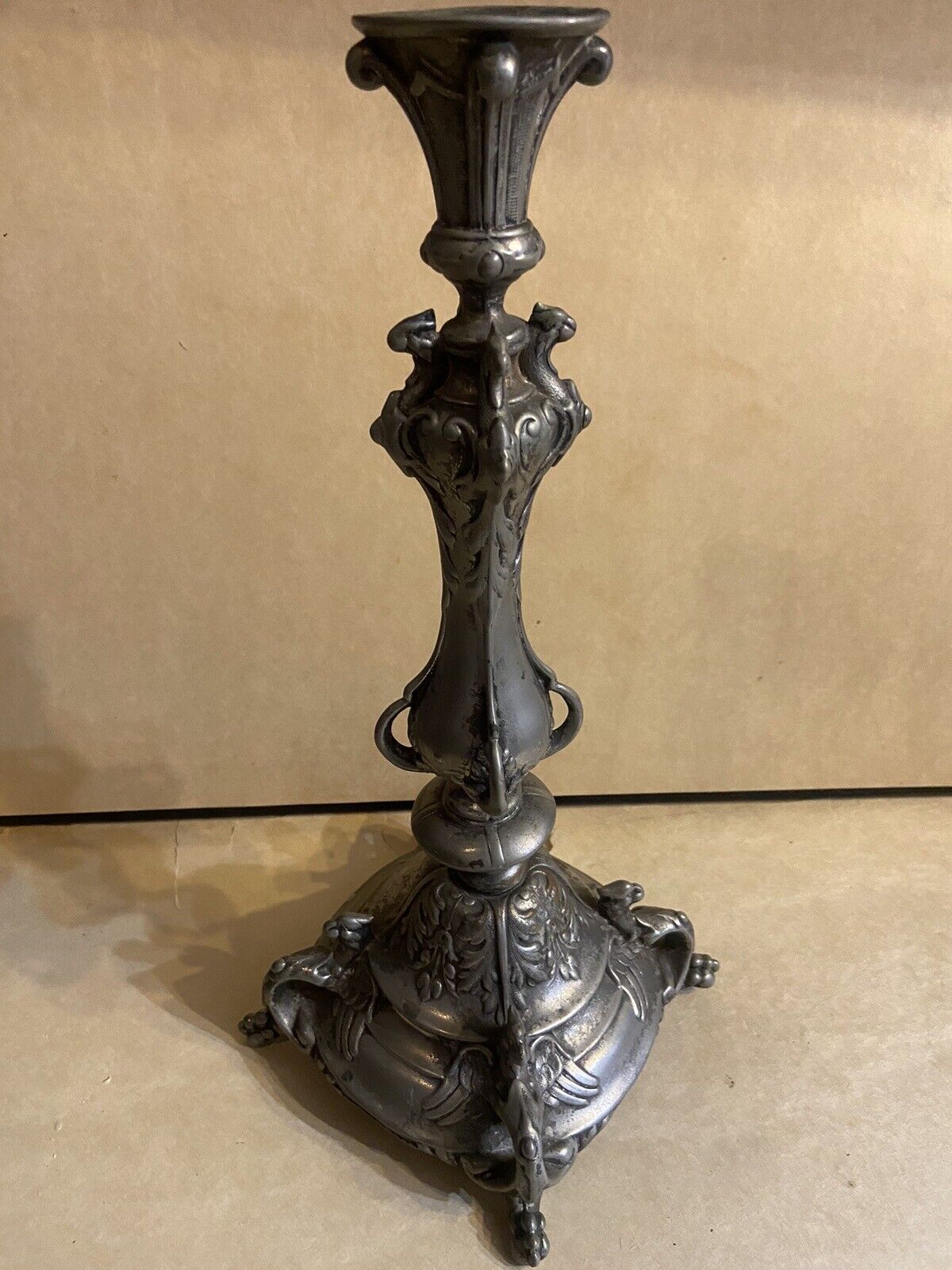 Antique Renaissance Style Candleholder Gargoyles Gothic 14 1/2” Tall 