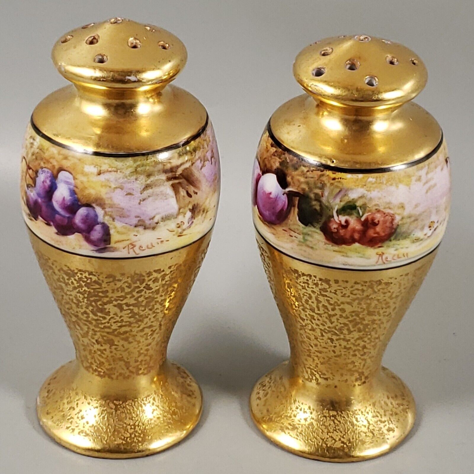 Antique WA PICKARD Hand Painted Fruit Etched Gold Salt Pepper Shaker Set SIGNED