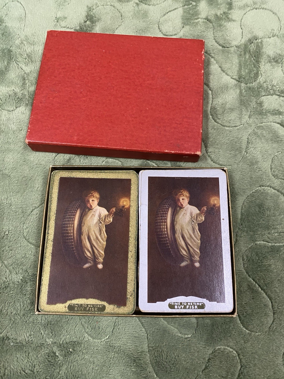 Vintage 1920s Fisk Tire Playing Cards Advertising 2 Decks With Box, Gold Silver