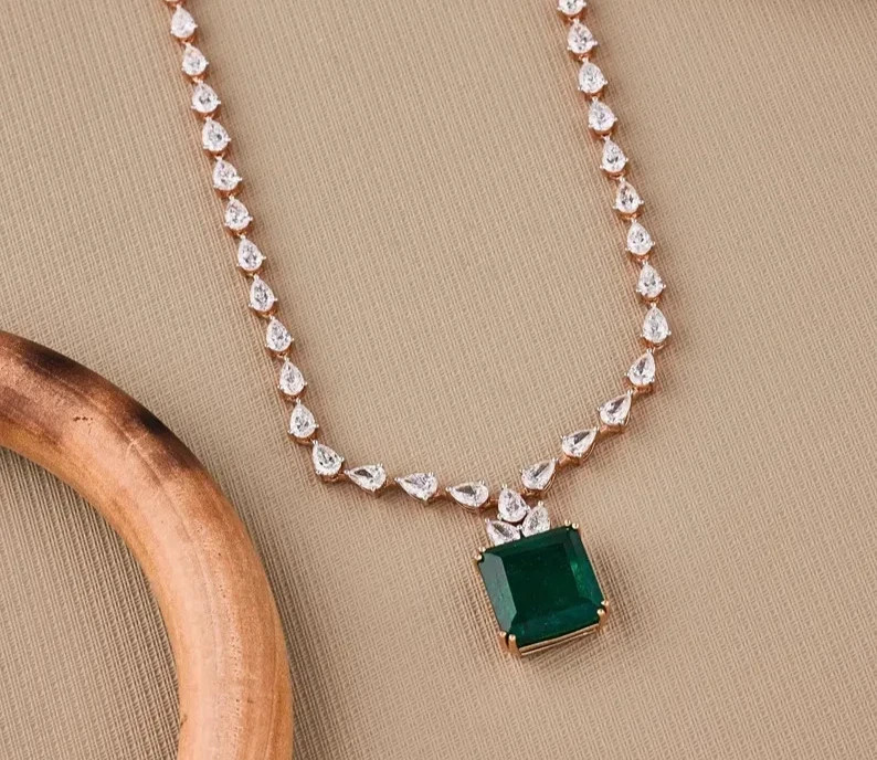 22.3ct Zambian Emerald & Diamond 18K Rose Gold Over Bridal Drop Pendant Necklace