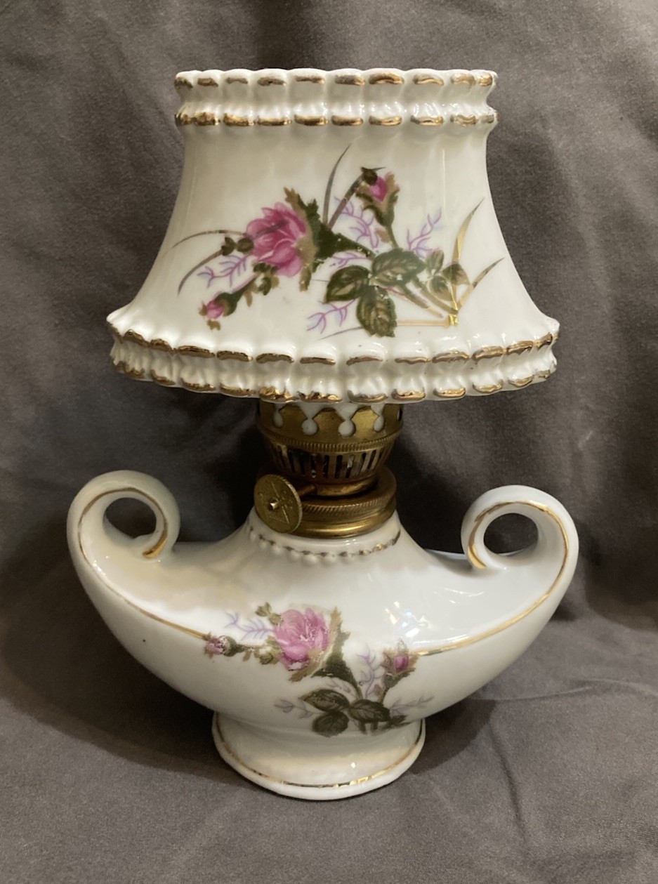 Miss Rose Pink Porcelain Oil Lamp, With Matching Porcelain Shade, 6.75” Japan