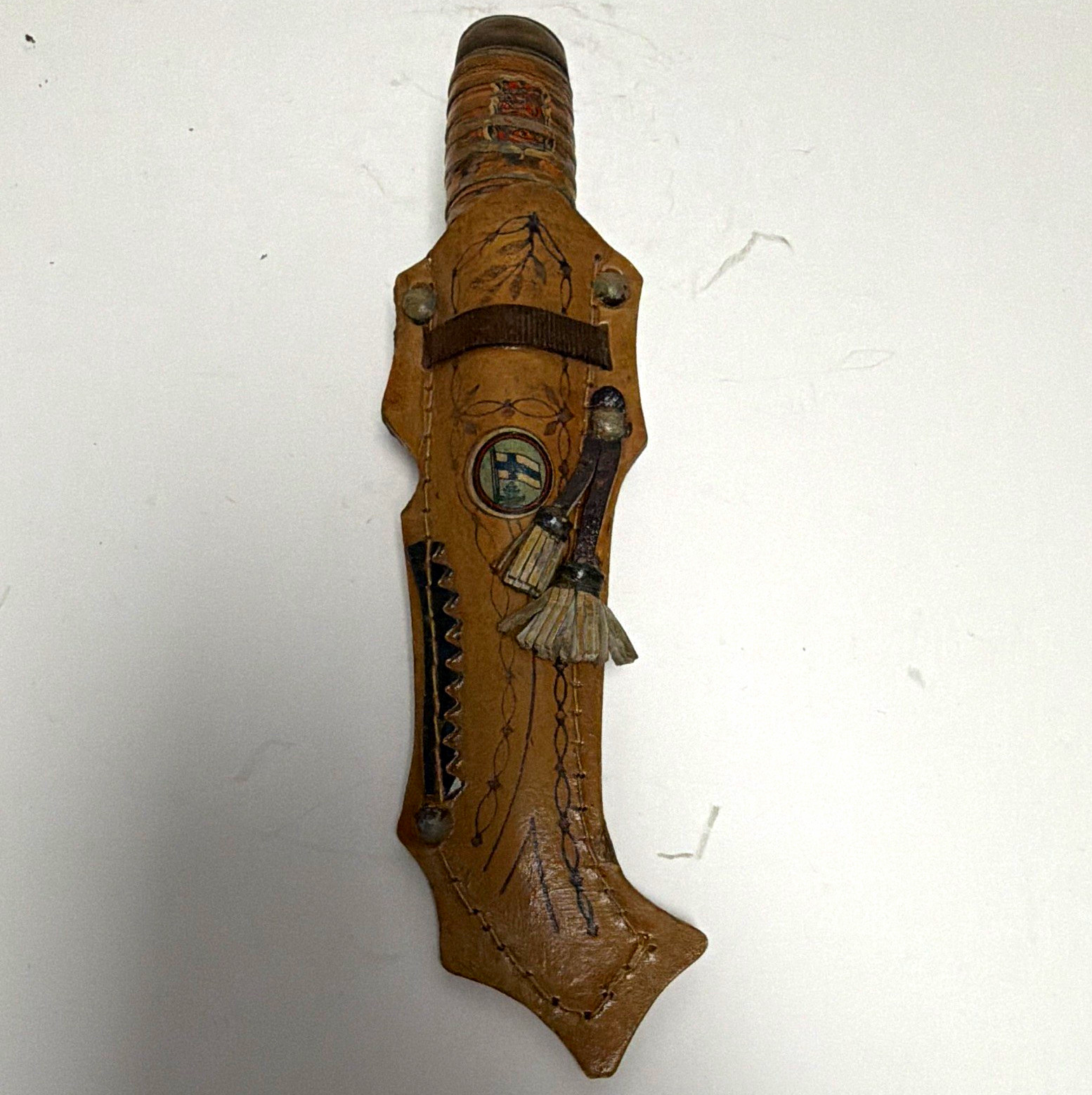 Vintage Iisakki Järvenpää Kauhava Finnish Puukko Knife, Birch Bark, Coat of Arms