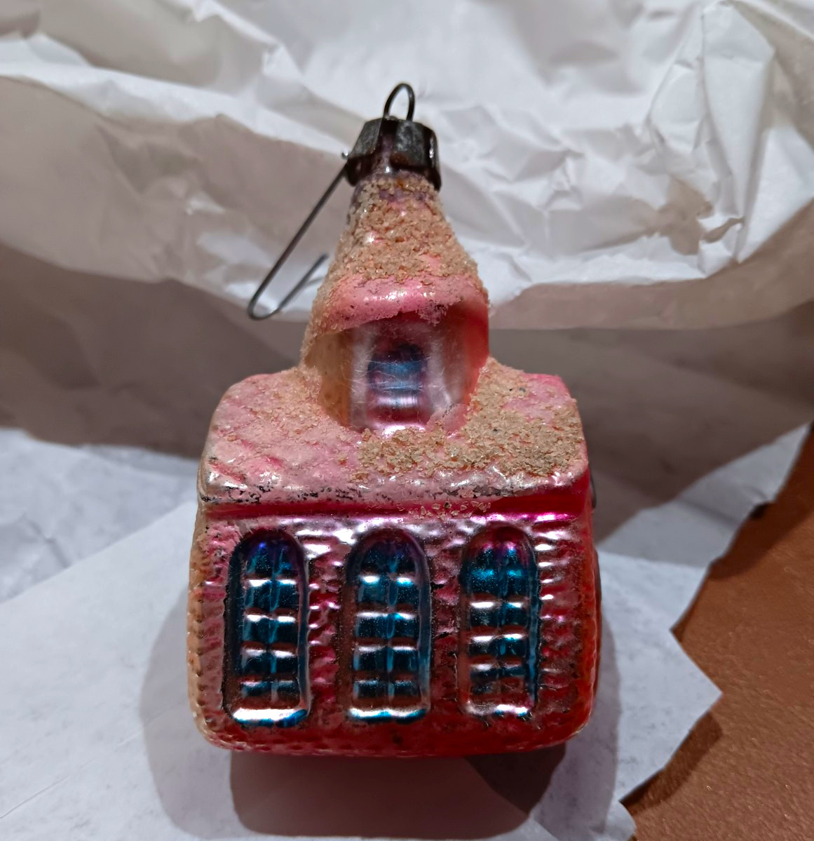 Vtg Mercury Glass Church/Chapel Christmas Ornament Pink Glitter Blue Windows