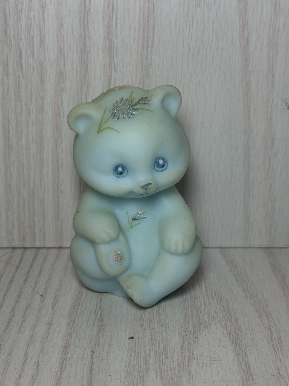 Fenton Blue Satin Glass Handpainted Bear Figurine