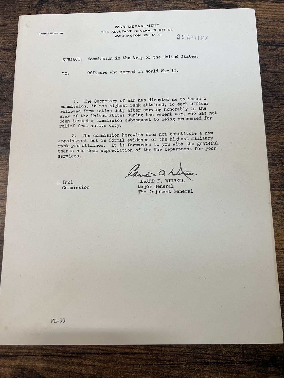 1947 WWII US Army War Department Commission Letter Signed Edward F Witsell